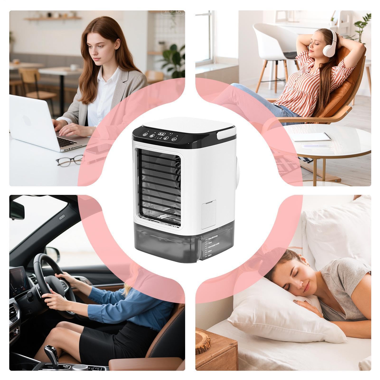 Climatizzatore portatile, 3 velocità, silenzioso, dispositivo di luce a LED con funzione spray, condizionatore per auto, per scrivania, ufficio, casa, auto, outdoor, viaggi, camper