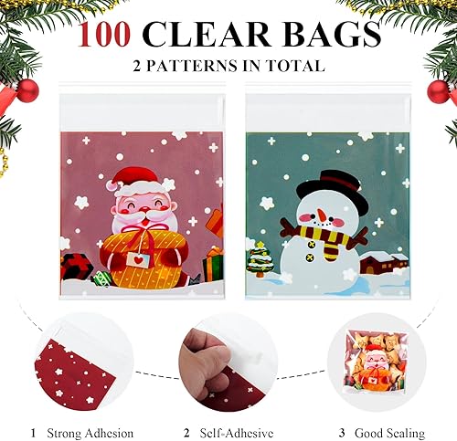 Miniatura 9 de Paquete de 100 bolsas de celofán de Navidad de 4 x 4 pulgadas, transparentes, resellables, de plástico selladas, bolsas de regalo de celofán para