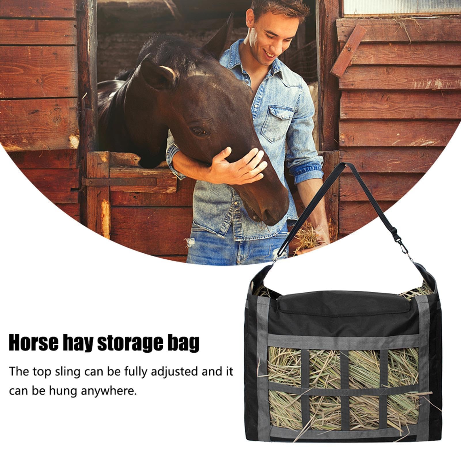 Bolsa de heno para caballos, alimentador lento para caballos, cabras y vacas, red de alimentación duradera para establos, corrales y graneros, ideal para uso en granja, evita residuos, fácil de llenar
