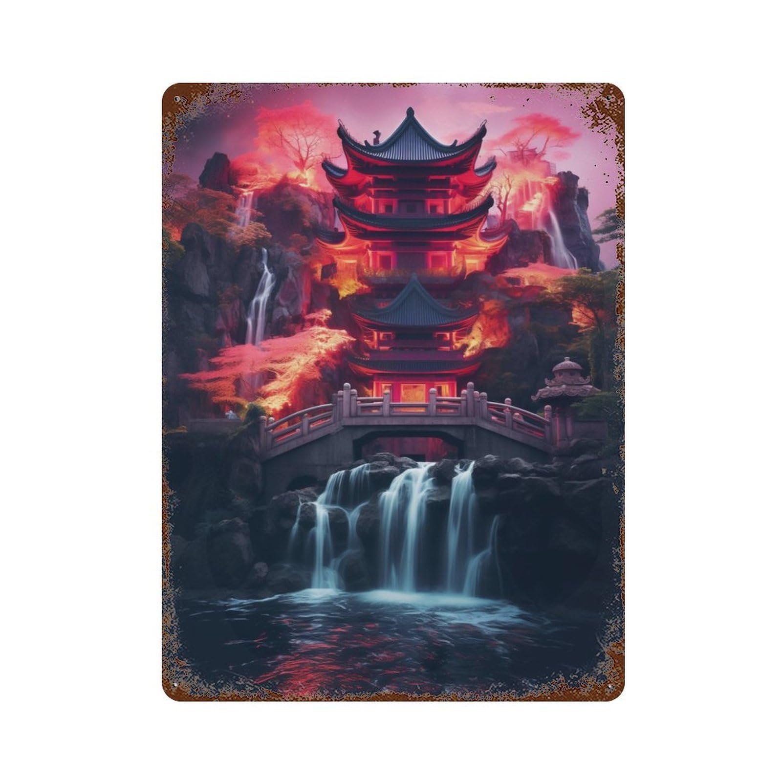 Weathered Tin Sign Japanese Temple Waterfall 15.7"x11.8", Rustic Home Decor for Bistro, Counter And Cafe Decor