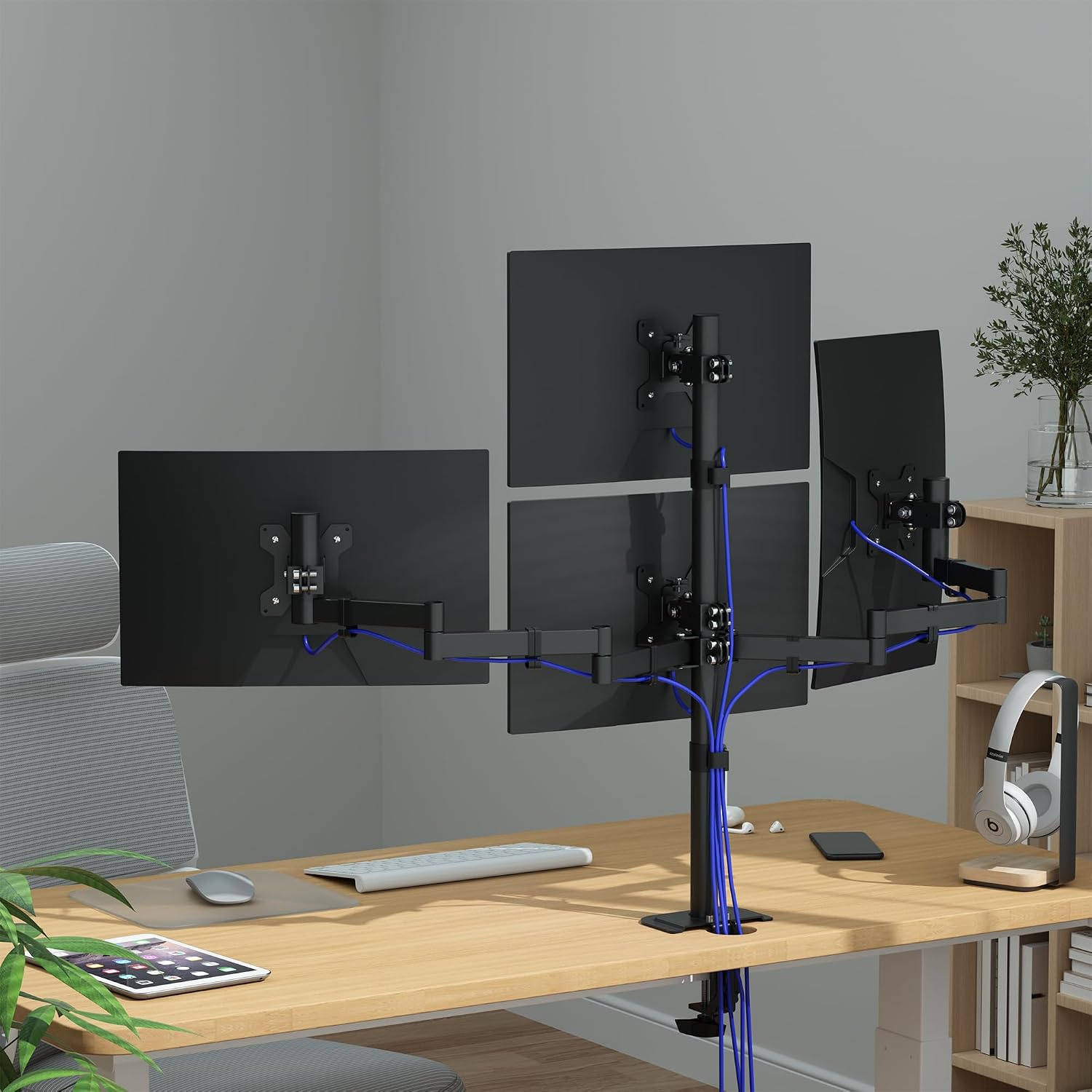 Pholiten Quad Monitor Mount for 13-32 Inch Screens, Fully Adjustable 4 Monitor Stand with Swivel, Tilt, Rotation, Clamp & Grommet Base Kit,75 * 75MM/100 * 100MM Vesa Stand, Max Load 22lbs