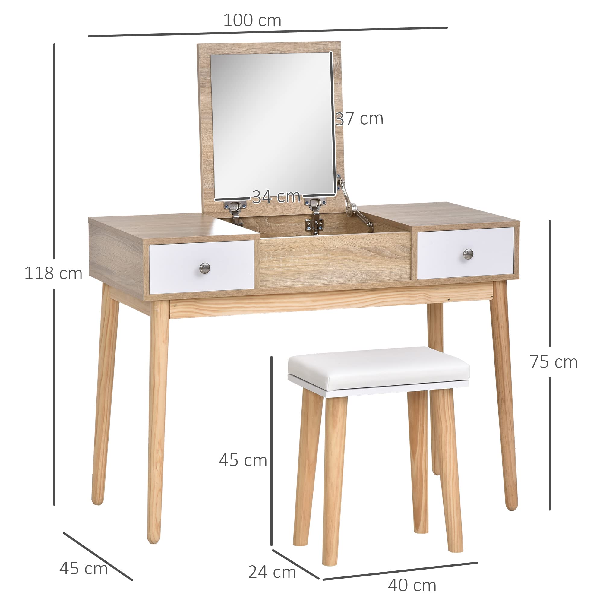 HOMCOM Postazione Trucco Moderno con Specchio Estraibile Color Legno | Toeletta Trucco, Organizer Gioielli, 2 Cassetti, Sgabello