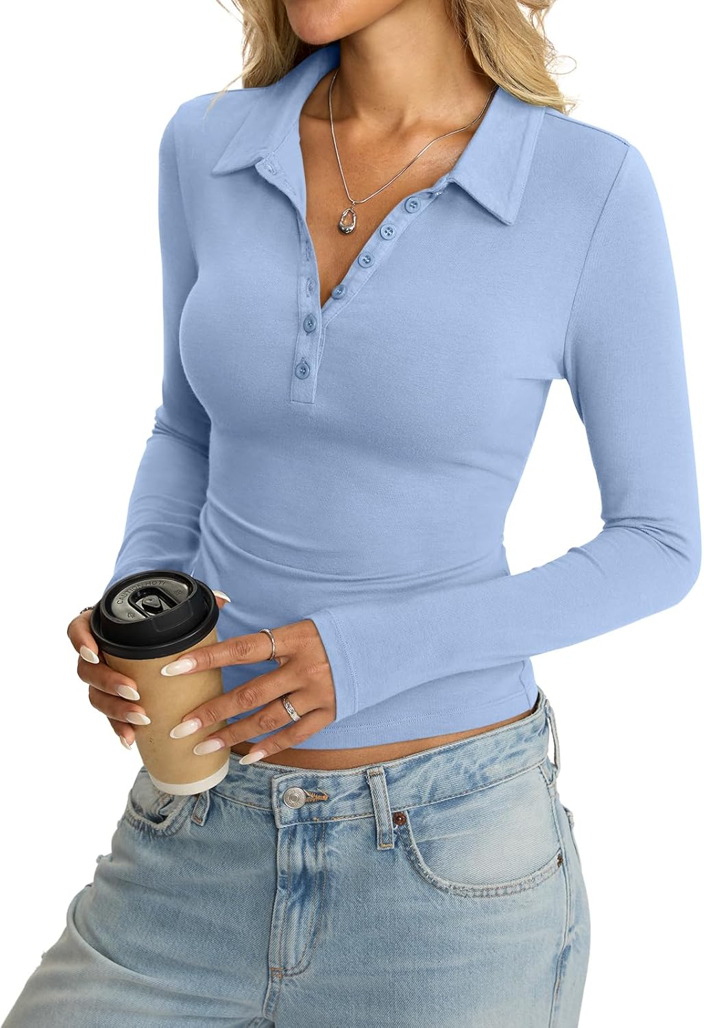 Womens Cotton Polo Collared Shirt Long Sleeve Sexy Deep V Neck Top Button Up Slim Fitted Tee Business Casual Outfit - Image 3