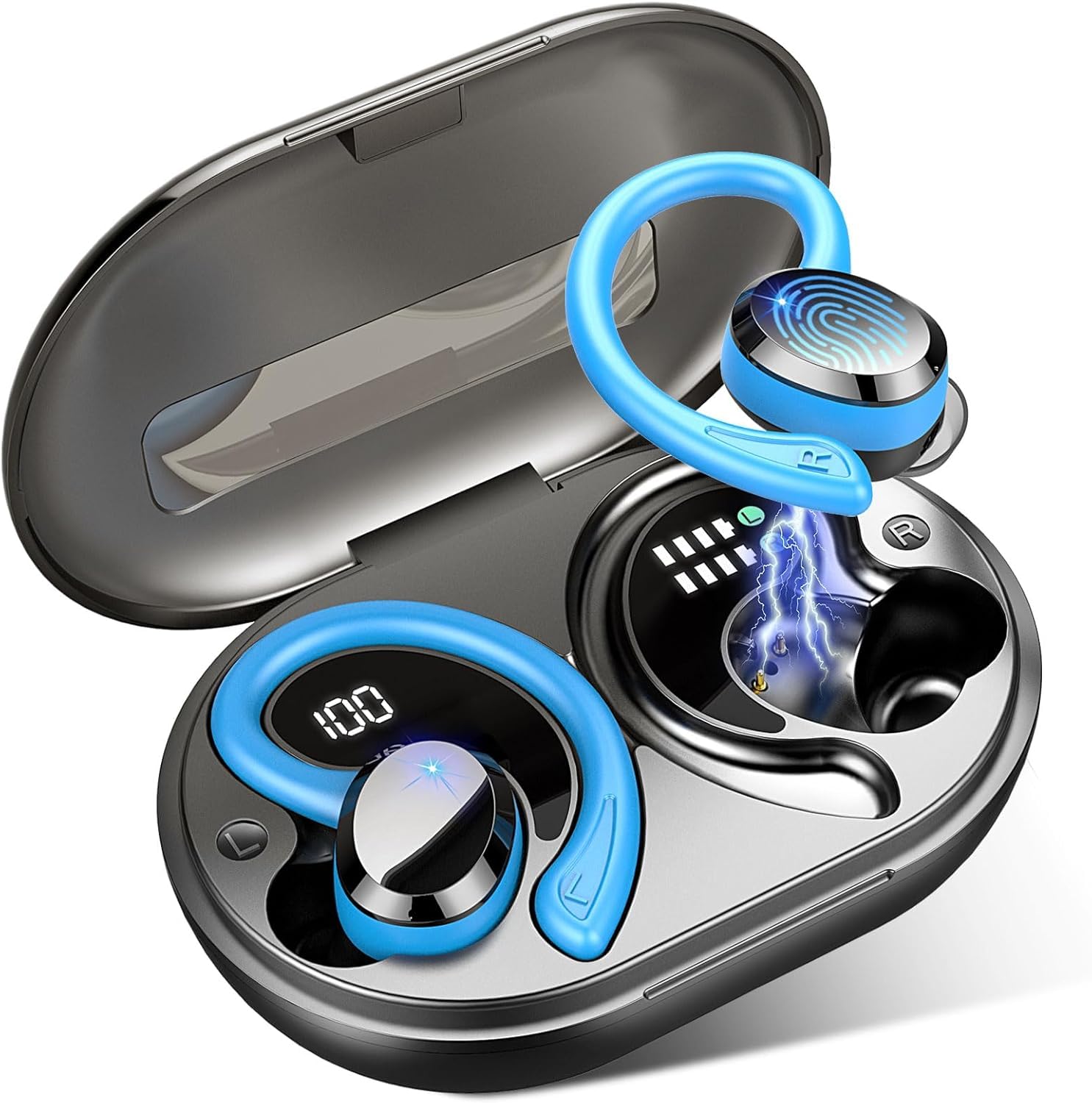 Rulefiss Cuffie Bluetooth 5.4 Sport, Auricolari Bluetooth con 3D Bass Stereo, 48 Ore Cuffie Wireless con 4 ENC HD Mics, IP7 Impermeabile Cuffiette HiFi con Display LED, Palestra/Running