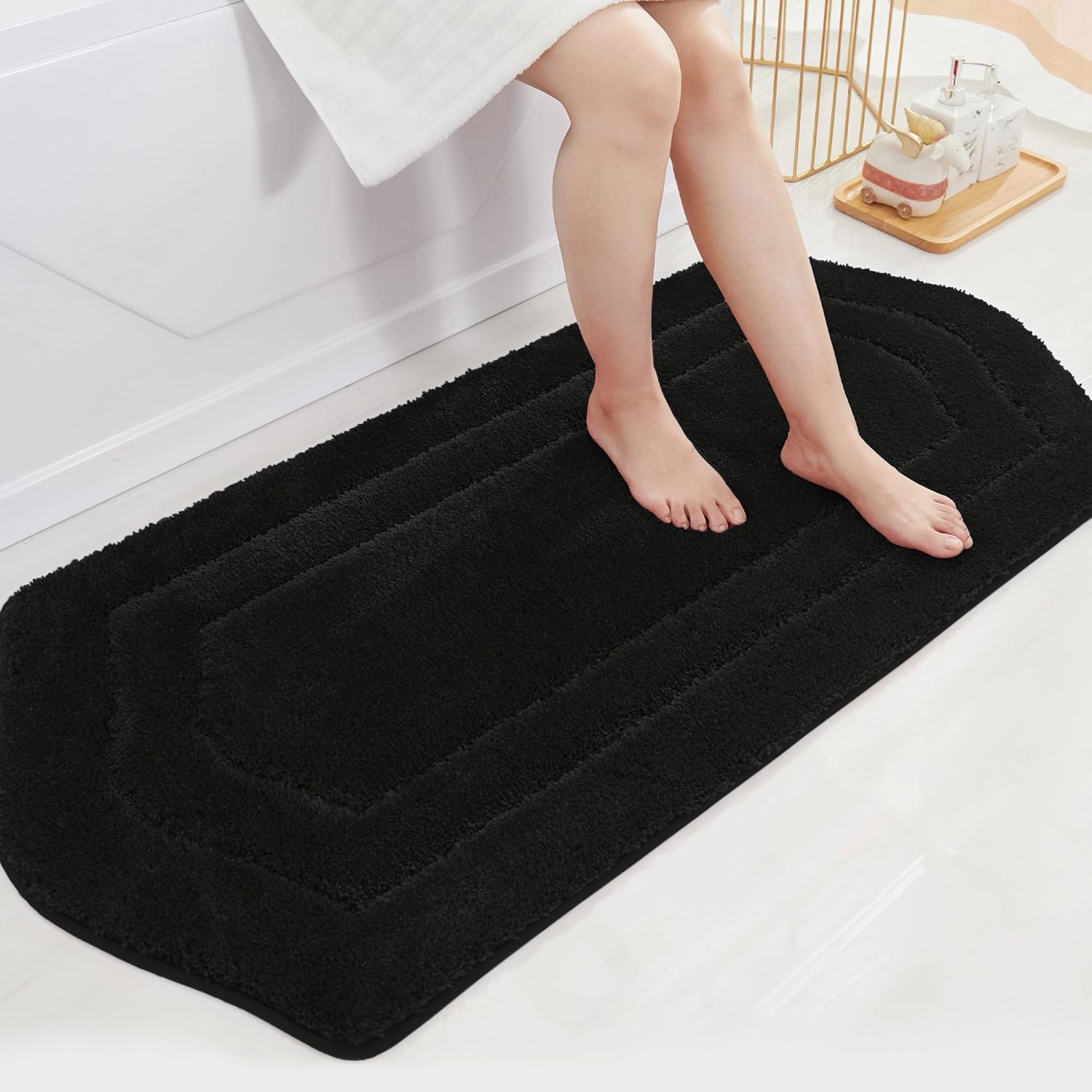 COSY HOMEER Bathroom Mat Rugs 24”x48” Non-Slip Absorbent Bath Mat Plush Shaggy Machine Washable Bath Rugs Soft Polyester Bath Mats for Bathroom Floor,Tub and Shower,Black Black 2' x 4' (Oval)