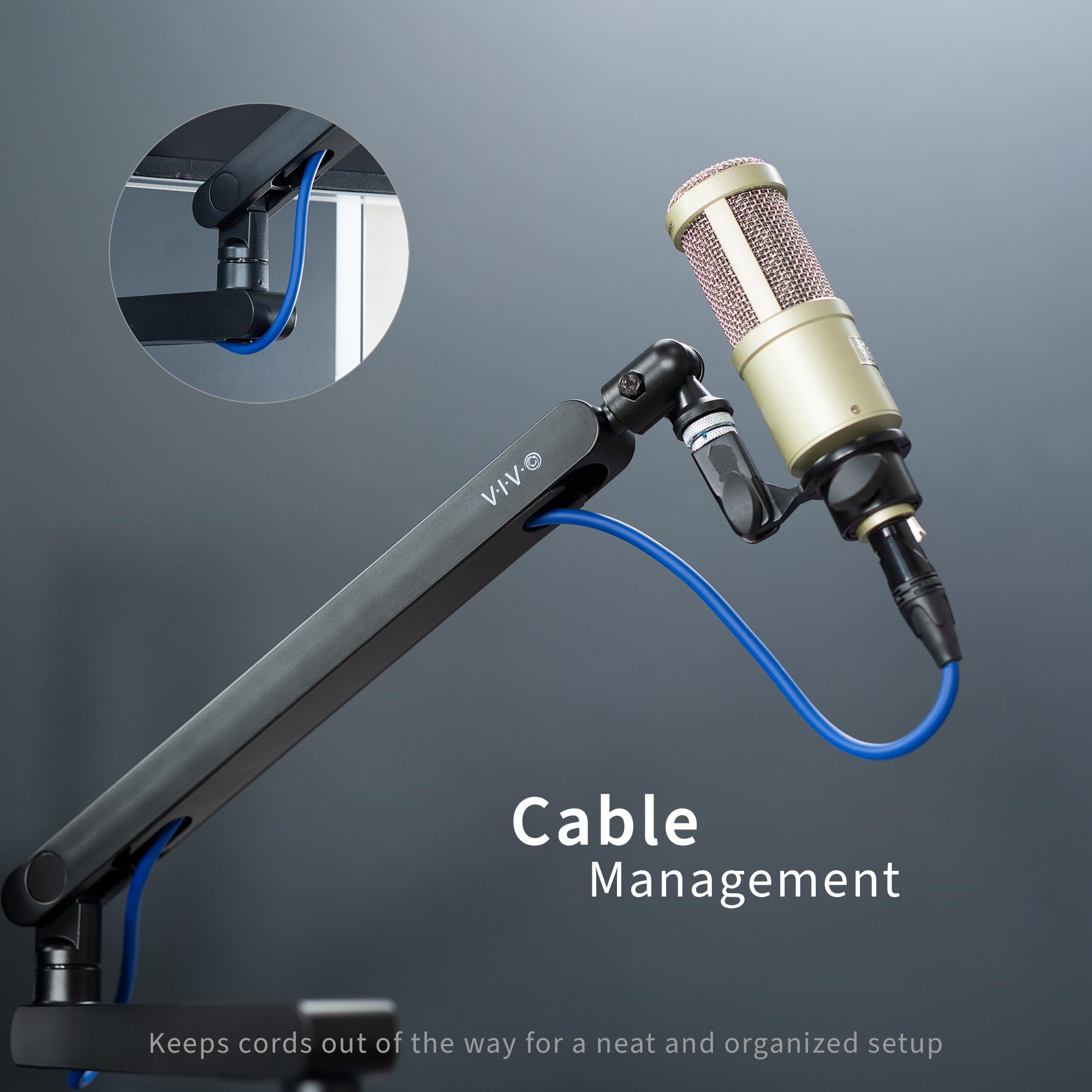 VIVO Niedriges Profil, Broadcast-/Podcast-Mikrofonarmständer mit 3/8 und 5/8 Zoll Schraubadapter, robuste Tischhalterung, professioneller Mikrofonständer mit 360-Grad-Drehung, schwarz, STAND-MIC03L