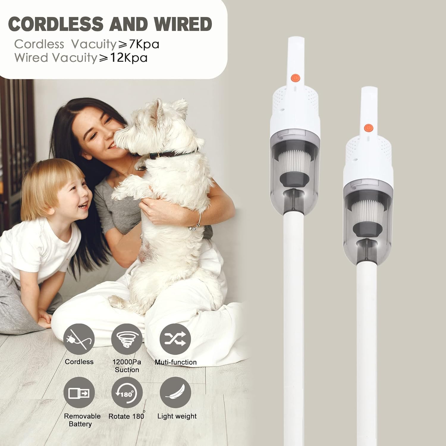 Aspiradora escoba versátil sin cable, 35 min de autonomía Aspirador Vacuum de Mano Escoba Versátil, Cepillo Motorbar Anti-enredos, Elimina Pelo de Mascotas, para Alfombra/Suelos/Pelo de Mascotas