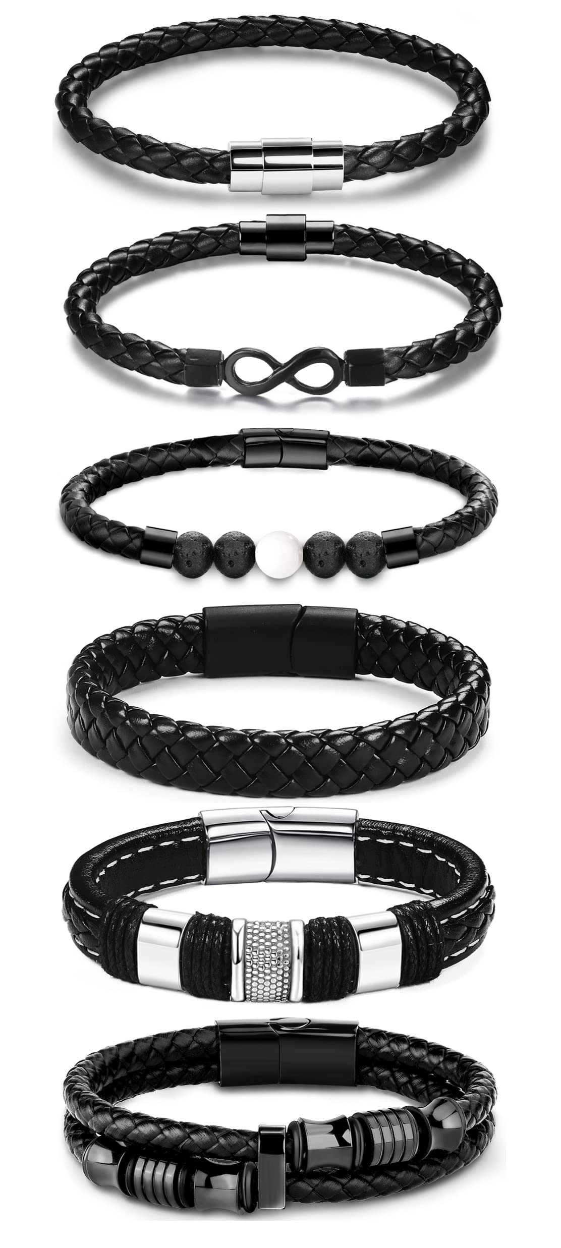 FIBO STEEL6 PCS Black Leather Bracelets for Men Stainless Steel Braided Leather Bracelet Wristband Cuff Bracelets 7.5-8.5 Inch