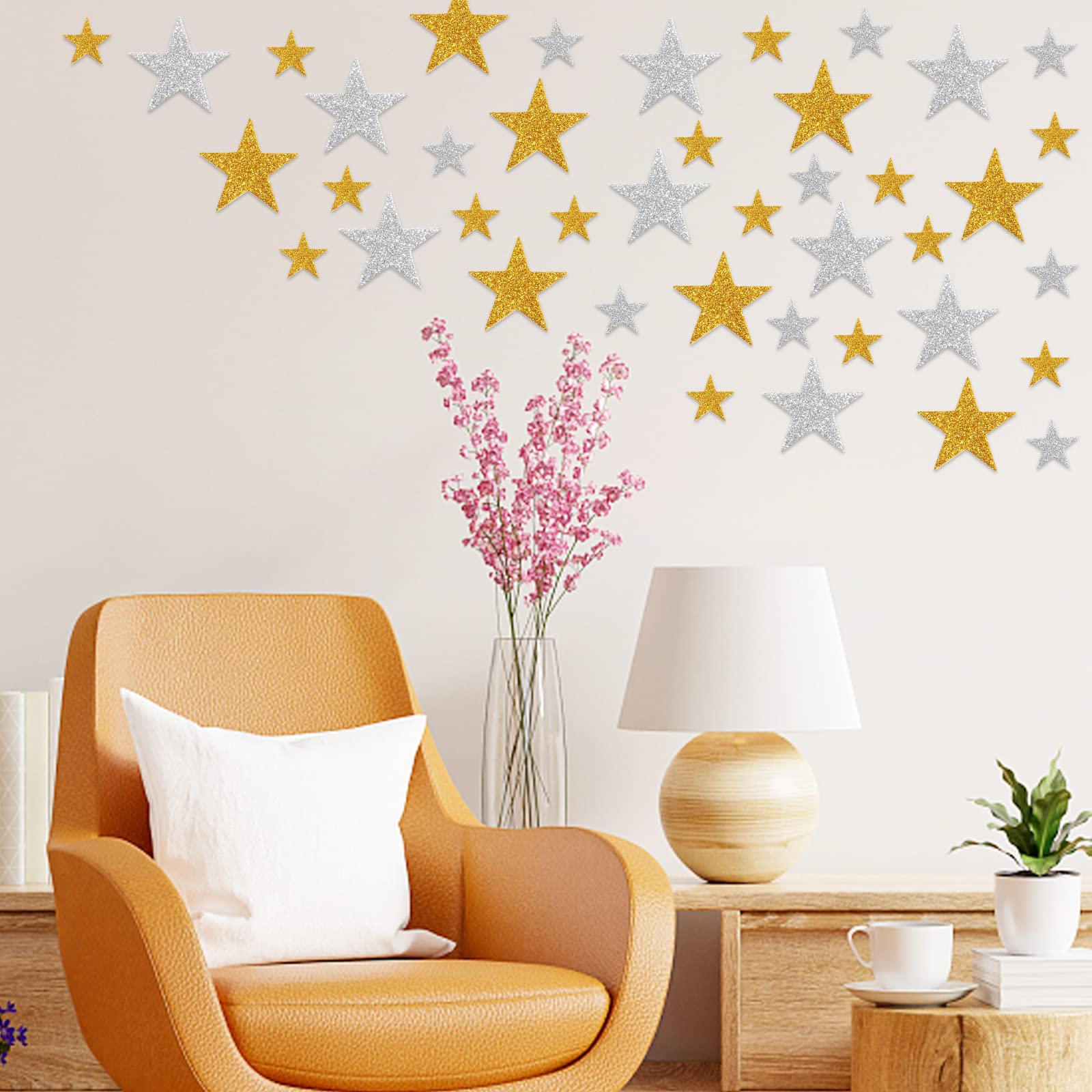 Calcomanías de espuma de estrellas con purpurina – dorado brillante y plateado, autoadhesivas para manualidades de niños, paquete de 208 unidades en forma de estrellas adhesivas grandes y pequeñas. 7