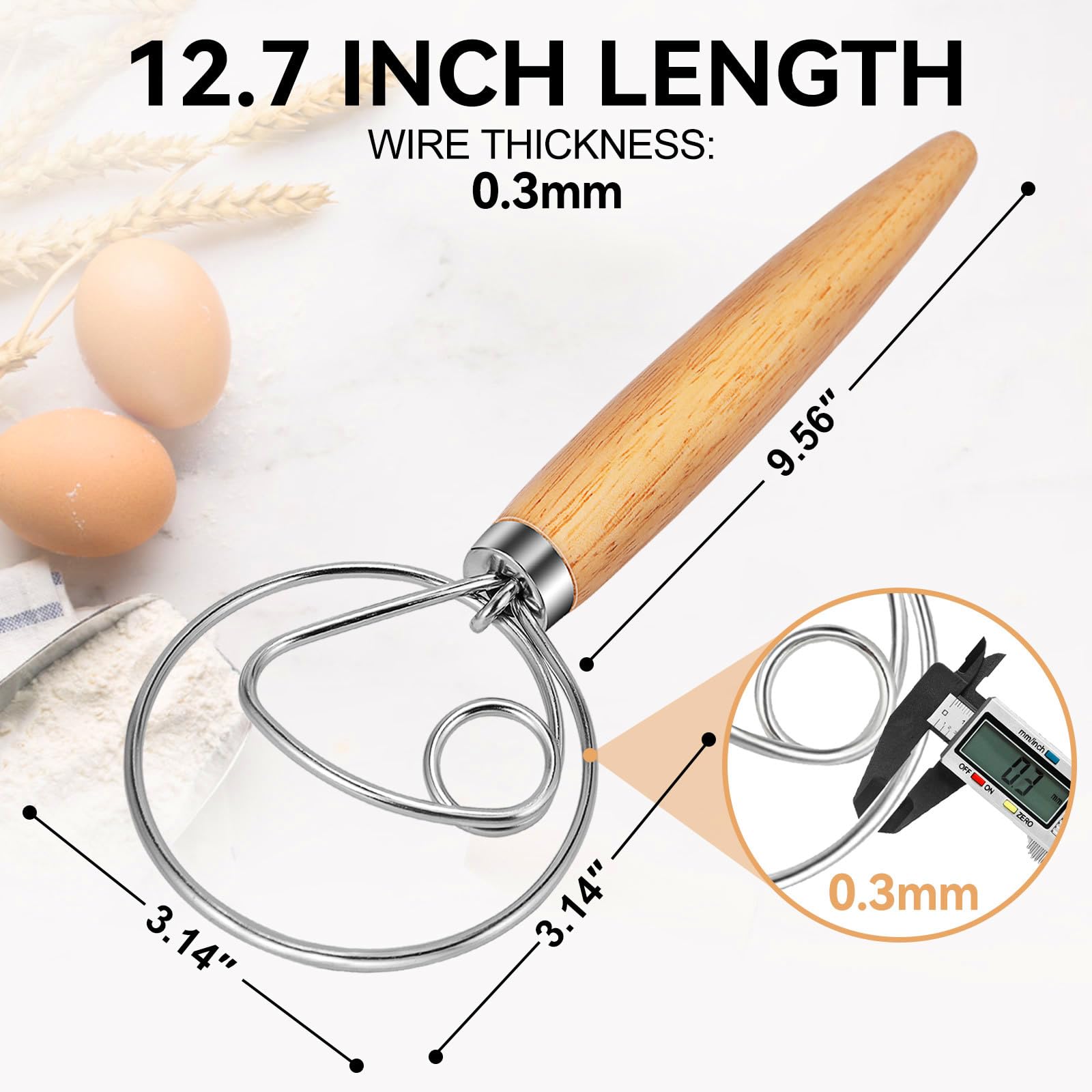 TEEVEA Danish Dough Whisk Stainless Steel Hook Baking Tool for Bread Sourdough Pizza Pastry Blending Dutch Hand Mixer with Wooden Handle Making - Image 7