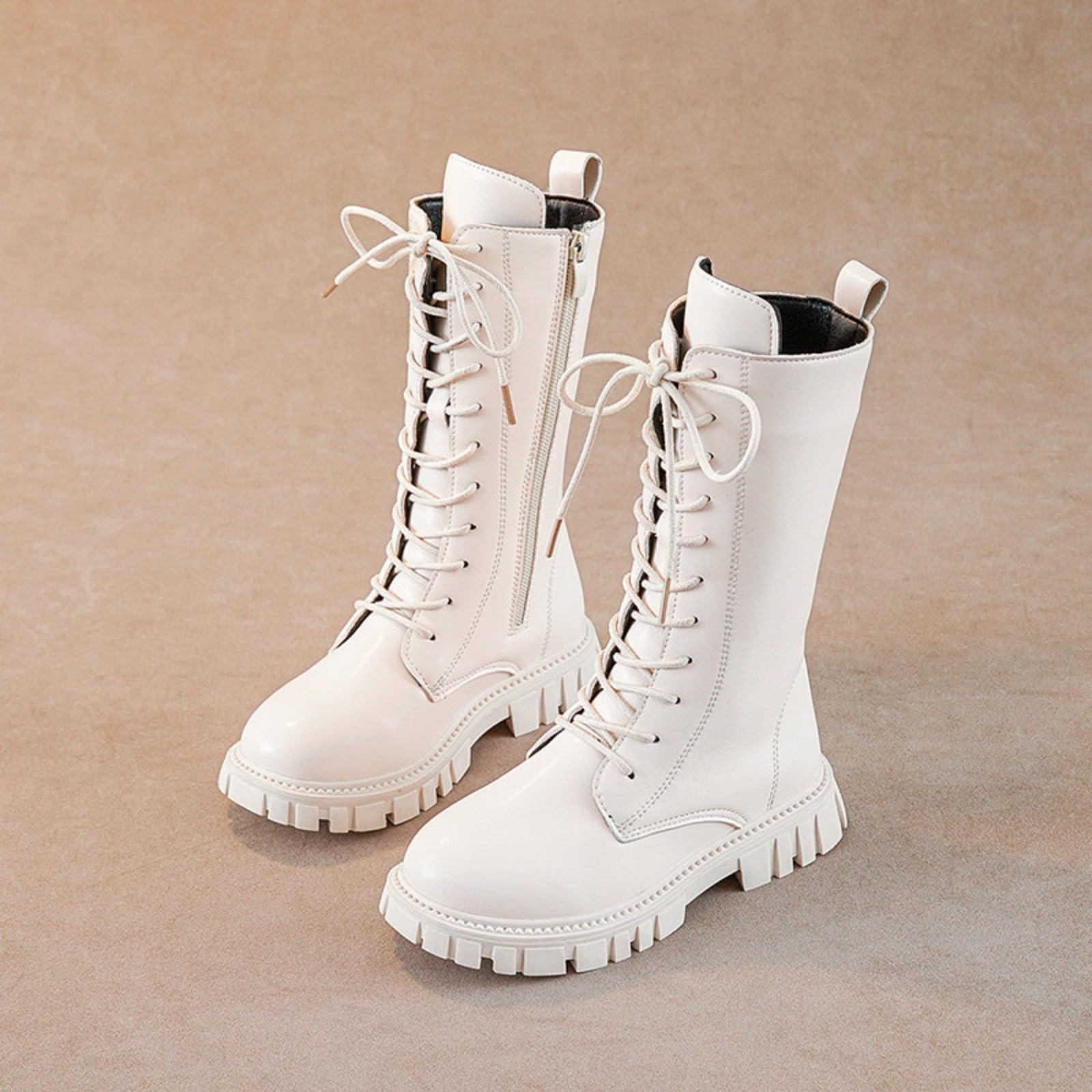 Botas de equitación con cordones para niñas, botas de combate a media pantorrilla, de piel sintética, con cremallera lateral, puntera redonda, tacones gruesos, zapatos de invierno, para Halloween