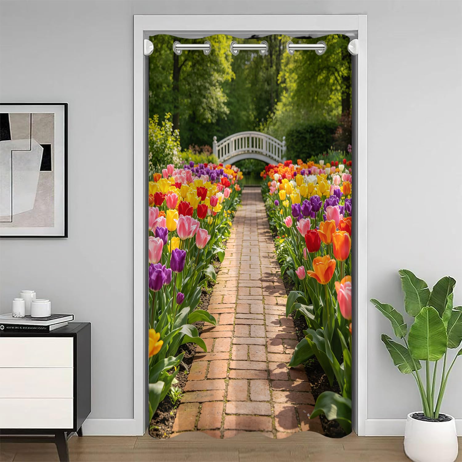 Rideau de porte occultant et isolant thermique motif tulipes 3D 86x203cm