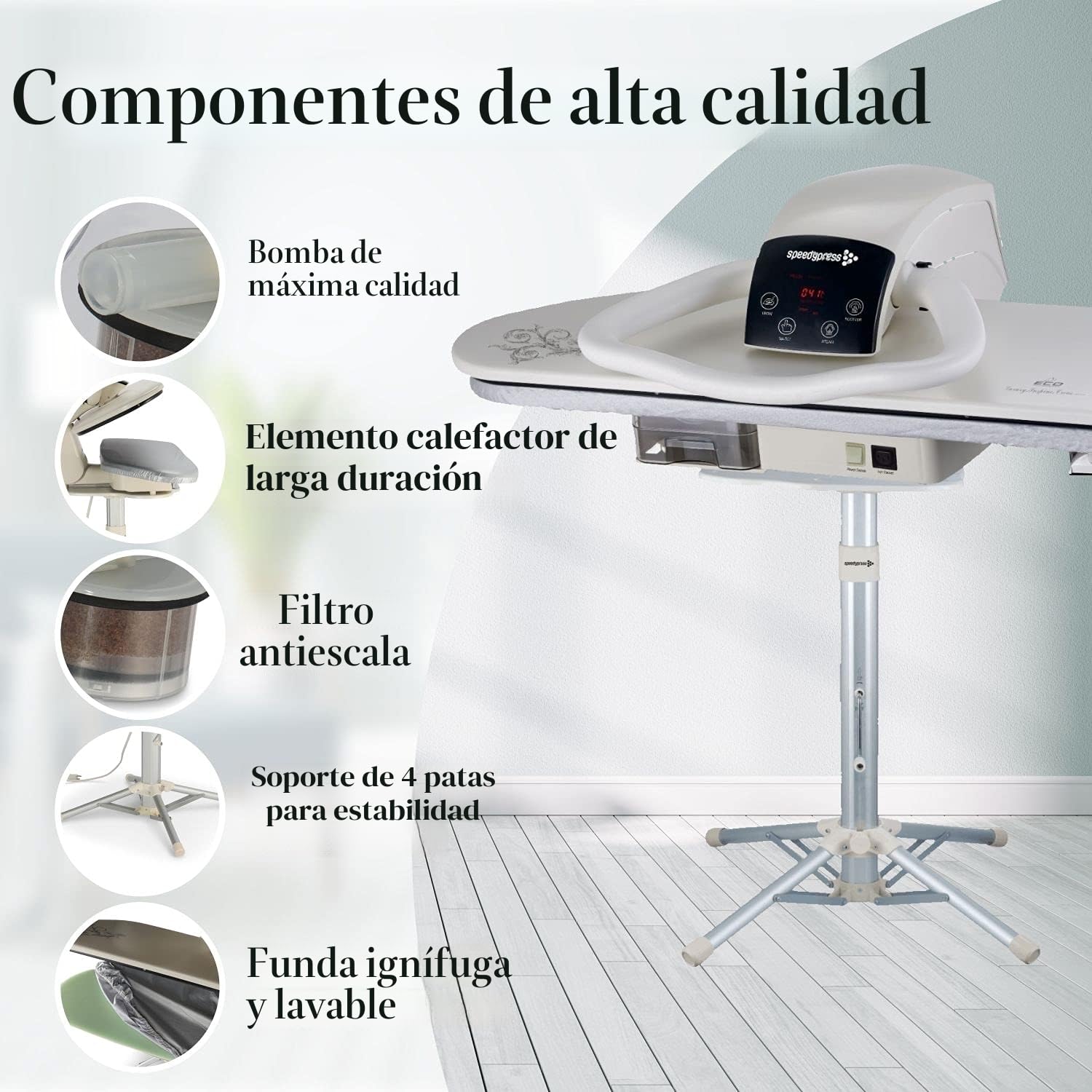 Prensa de planchado al vapor Speedypress 71HD-Plata/Negro profesional resistente de 68 cm con soporte