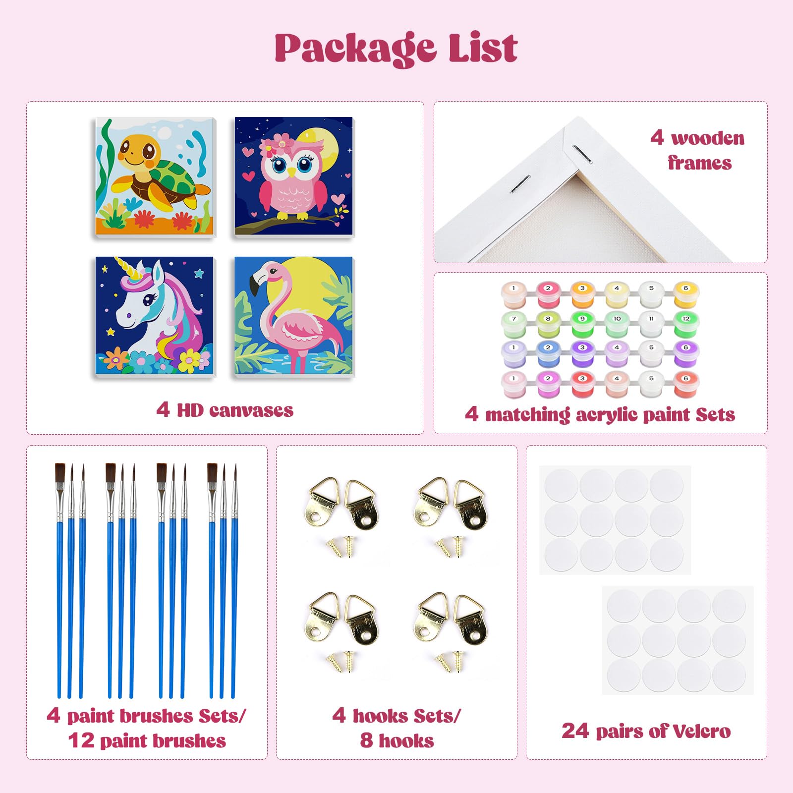 Kit Peinture Par Numéros MXJSUA – 4 Tableaux 20x20 Cm – Tortue, Hibou, Licorne, Flamant Rose – Pour Enfants 6-12 Ans