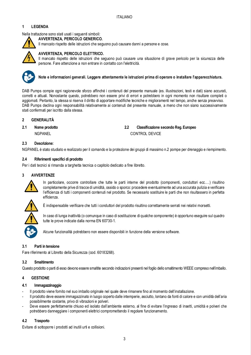 DAB NGPANEL 1 BOMBA 29 A Cuadro de control de nueva generación para la gestión de bombas de drenaje y llenado
