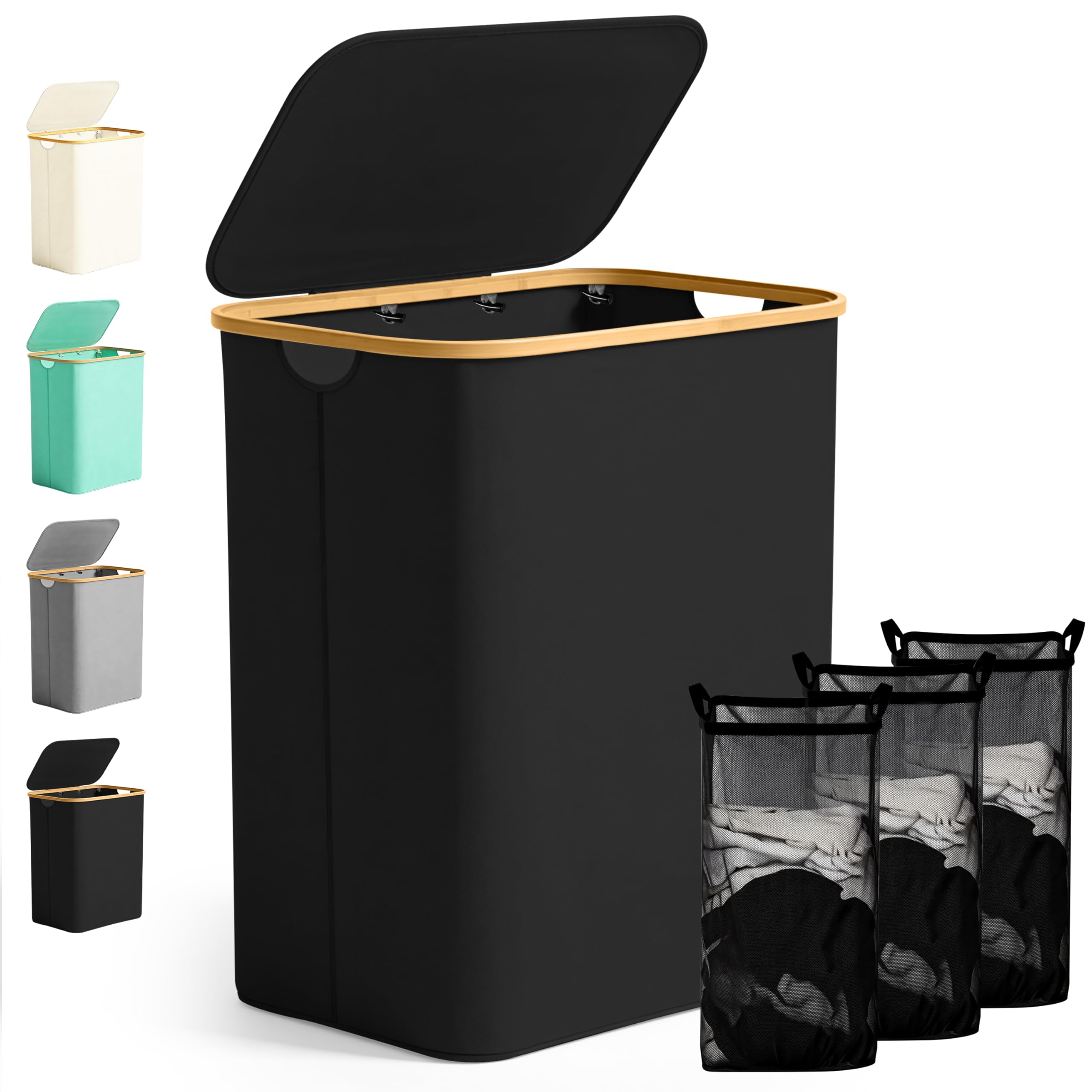Ribelli Large Laundry Basket, 141 Litres, Foldable Laundry Hamper, 3 Compartments with Lid and Removable Laundry Bag, Laundry Bin for Laundry Room, Bathroom, Bedroom, Black