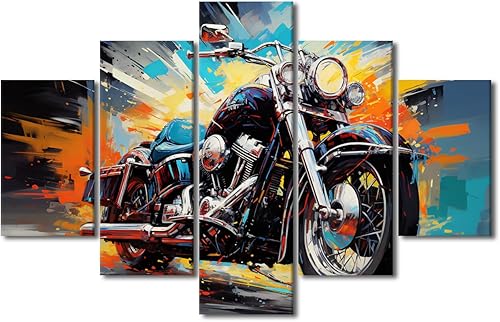 TUMOVO Motor Cycle Painting Retro Motorcycle Pictures Cyberpunk Motorbike Art Prints 5 Pieces Canvas Wall Art Giclee Gallery-wrapped Artwork Living