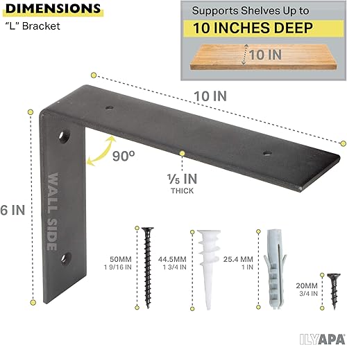 Miniatura 2 de Ilyapa Soportes de estante flotantes resistentes, paquete de 4, hierro rústico, soportes de estante de metal negro de 6 x 10 pulgadas para estantes
