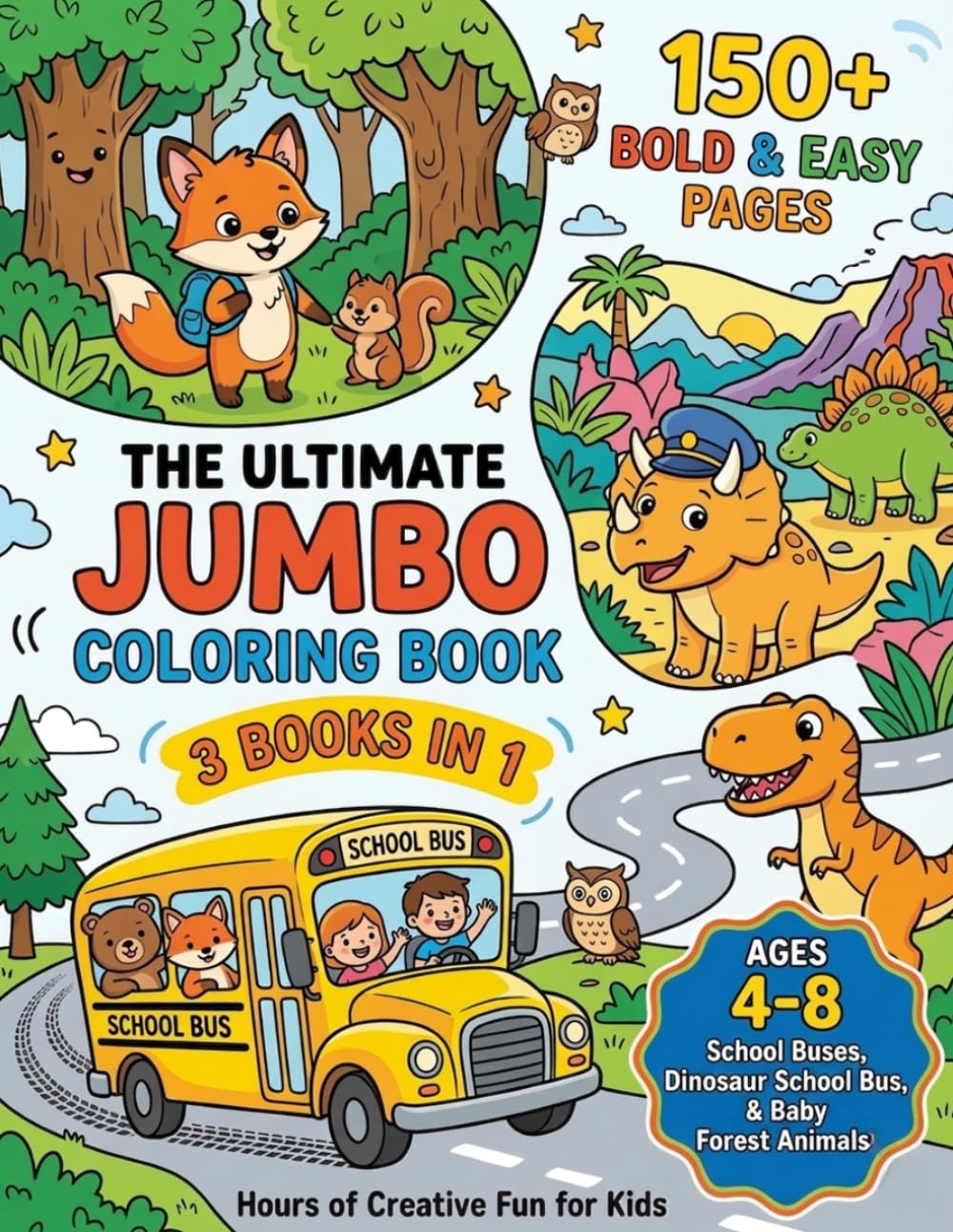 The Ultimate Jumbo Coloring Book for Kids - 3 Books in 1: 150+ Bold and Easy Coloring Pages of Cute School Buses, Baby Forest Animals and Dinosaurs, ... Set for Ages 4-8 (Little Drivers Adventure)
