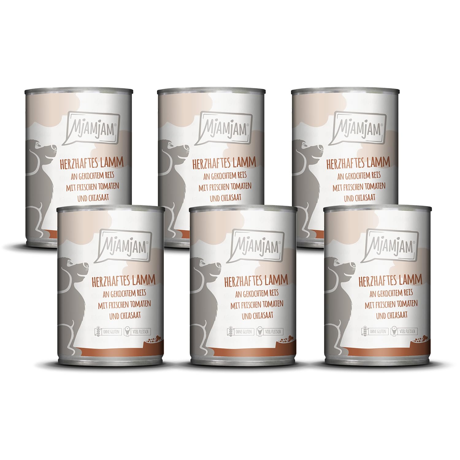 MjAMjAM - Premium Nassfutter für Hunde - herzhaftes Lamm an gekochtem Reis mit frischen Tomaten, 6er Pack (6 x 400 g), naturbelassen mit extra viel Fleisch