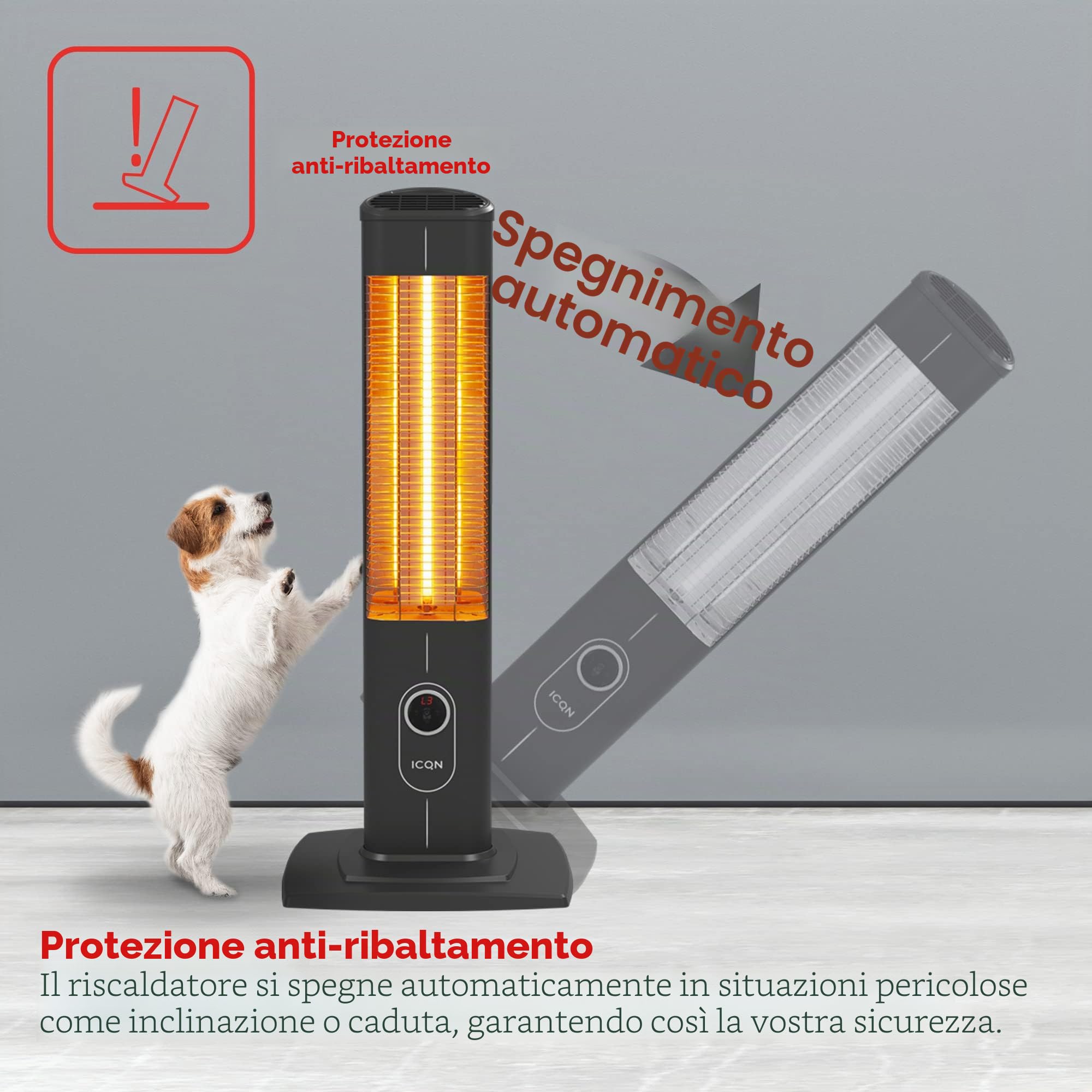 ICQN Stufa a infrarossi con telecomando, da 2500 watt, riscaldamento per interni ed esterni, stufa a terra con grado di protezione IP20 e display digitale (Standard 2300W)