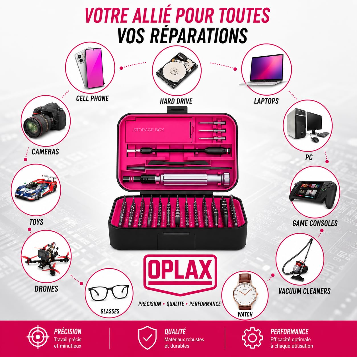 OPLAX Kit Tournevis de Précision 150 en 1 Rose | Kit Réparation Électronique, Magnétique, Embouts Professionnels
