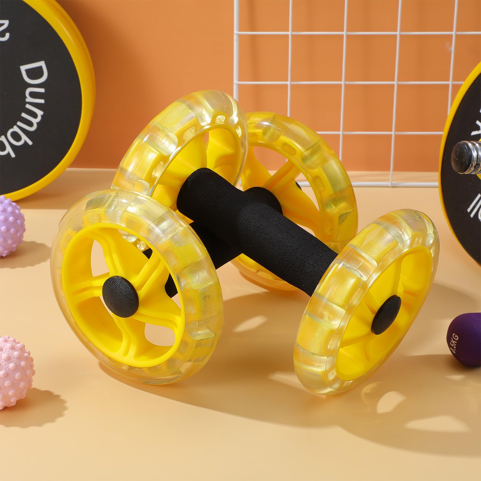 Rueda de Fitness Abdominal Doble Amarilla con Agarre Antideslizante para Hombre y Mujer Equipo Abdominal para Ejercicio Casa Aparato Gimnasio Portátil para Tonificar Músculos y