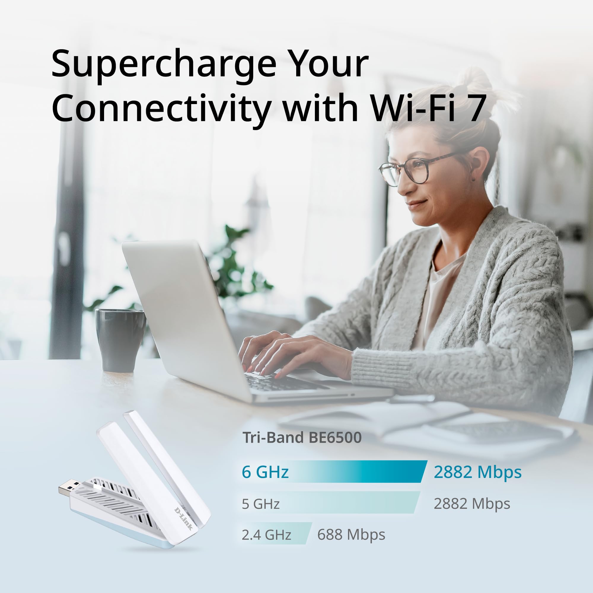 D-Link AE65U Adattatore USB Wi-Fi 7 BE6500 – Tri-Band 6,5Gbps, MLO, USB 3.0, 4096-QAM, Sicurezza WPA3, Antenne Pieghevoli con Base – Windows 11/10
