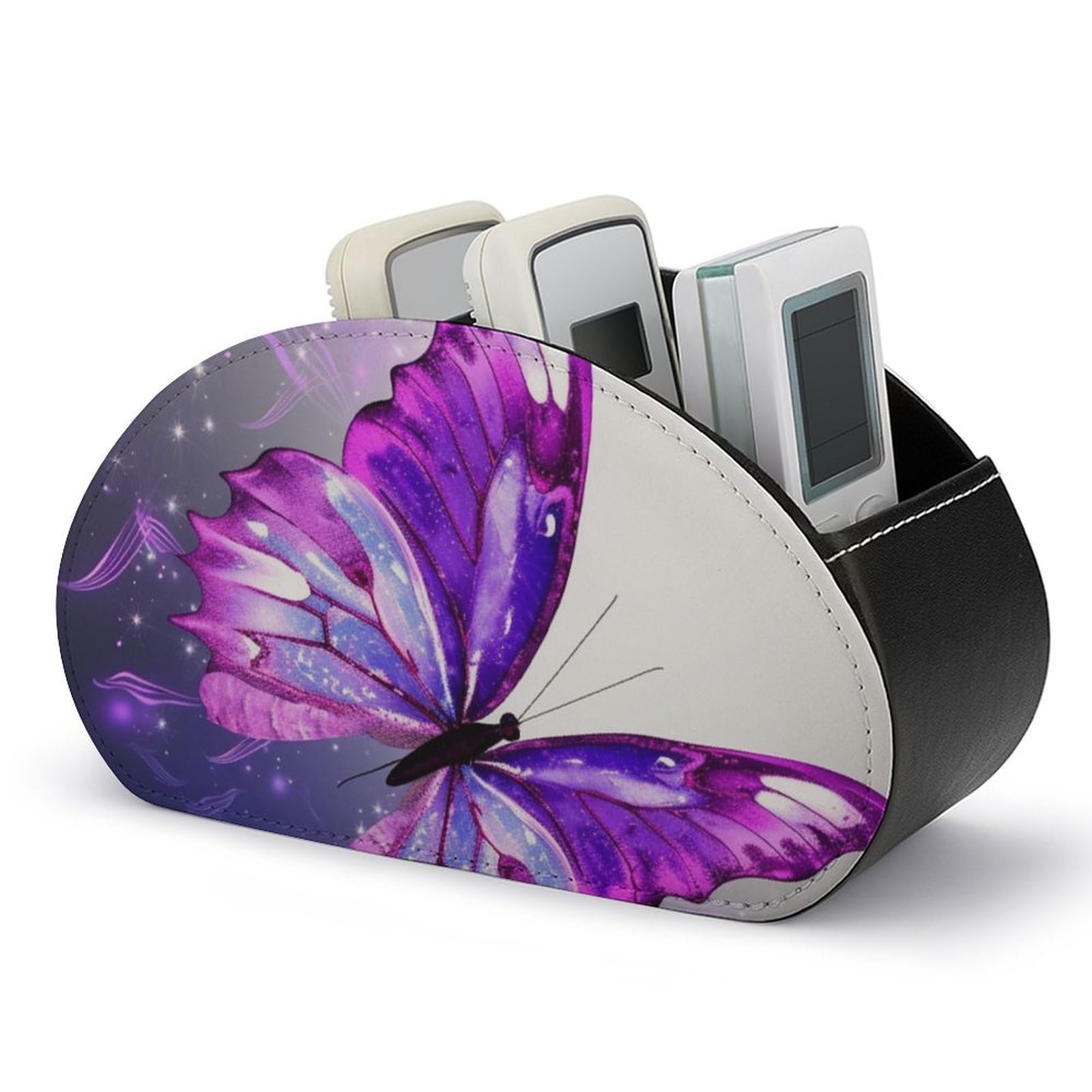 NTVOWPZO Purple Butterfly Remote Control Holder with 5 Compartment Organizer Box, Leather TV Remote Holder Organizer Caddy for Table, PU Leather Remote Box for Nightstand Office Desk Storage Box