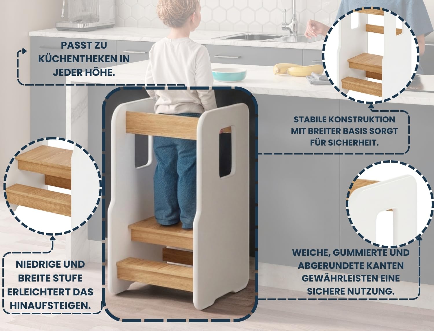 Lernturm ab 1 Jahr, Montessori Learning Tower, Weiß/Eiche | 3-stufig Höhenverstellbarer Lernturm für Kinder, Kinderstuhl Holz, Sicherer & Stabil Tritthocker Kinder, Tritthocker