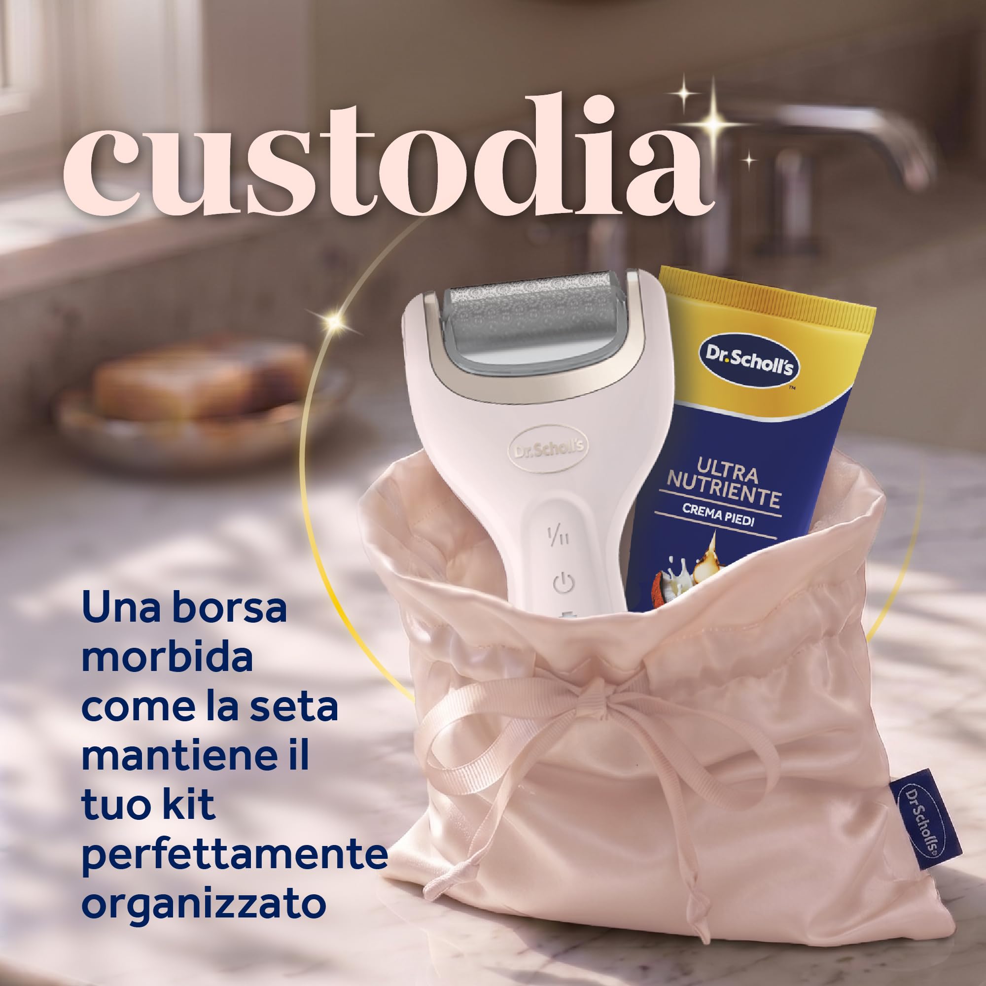 Dr. Scholl's Pedi Perfect Luxe - Kit Pedicure Elettrico Ricaricabile, Lima Piedi e Crema Nutriente, Elimina Calli, Duroni e Pelle Secca, Impermeabile, 90 Minuti di Autonomia, 3 Testine
