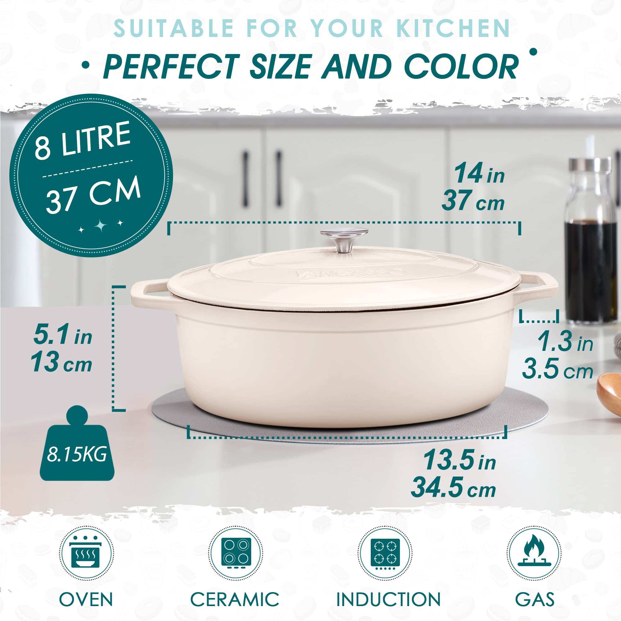 vancasso Cazuela de Hierro Fundido Esmaltado, 37 CM / 8 Litros Ollas de Hierro Fundido Horno Holandés con Tapa Redonda de Acero Inoxidable Apto para Todo Tipo de Estufas- Blanco