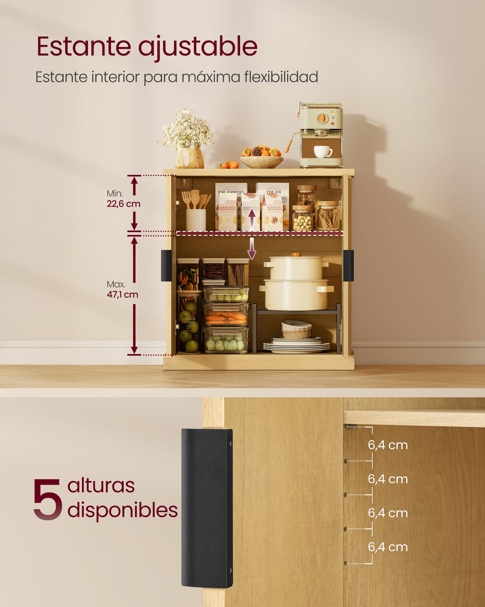 VASAGLE MAXE Colección - Aparador, Armario de Almacenamiento con Estantes Ajustables, Puertas Acanaladas, Estilo Transicional, para Cocina, Comedor, Beige Roble BBK344Y01
