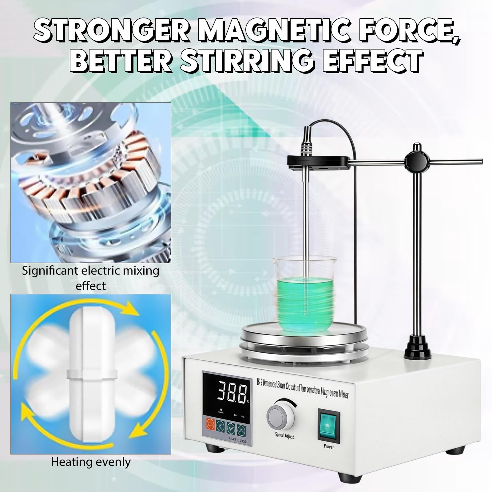 Agitatore magnetico con piastra riscaldante, 250 W, con regolatore di velocità continuo da 0 a 2200 giri/min, display digitale, magnetic Stirrer con 6 bastoncini magnetici per laboratori