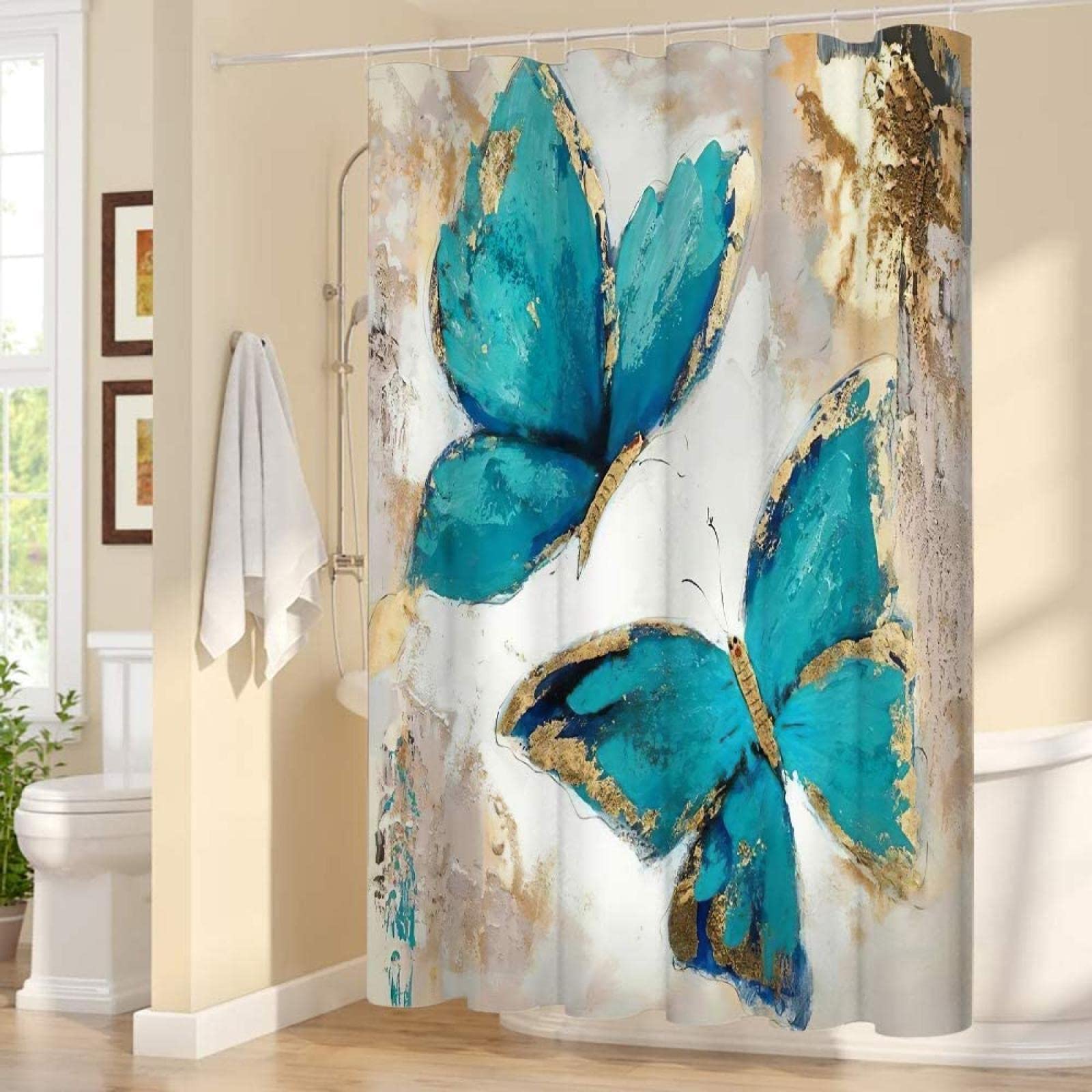 Tenda da doccia a forma di farfalla Tende da doccia moderne decorative Tessuto in poliestere impermeabile Tenda da doccia con ganci 300x200cm(118x79in)