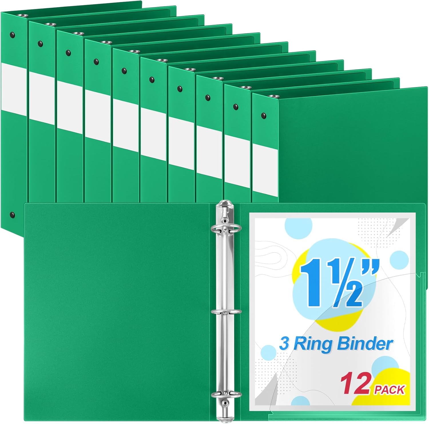 12 Pcs 3 Ring Binder 1.5 Inch Plastic Flexible Round Binder Fits Letter Size 8.5 x 11 Inch Paper Holds 300 Sheets with 1 Pockets for Office School (Green)