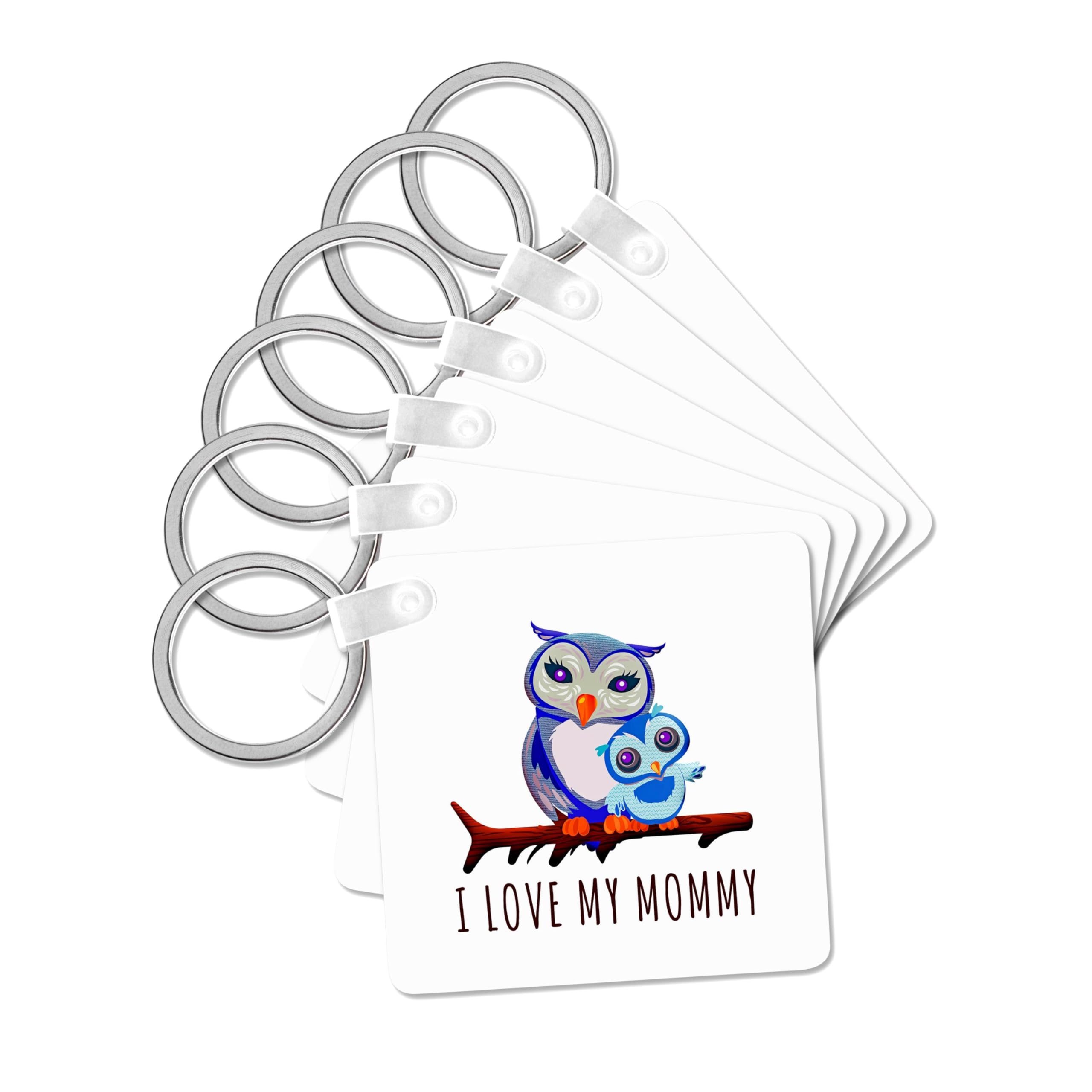 3dRose, Beautiful adorable owl mother and owl kid. I love my mommy text, set of 6 Key Chains