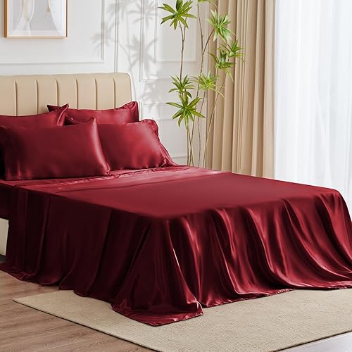 CozyLux Satin Sheets Queen Size - 6 Piece Burgundy Bed Sheet Set with Silky Microfiber, 1 Deep Pocket Fitted Sheet, 1 Flat Sheet, and 4 Pillowcases - Smooth and Soft