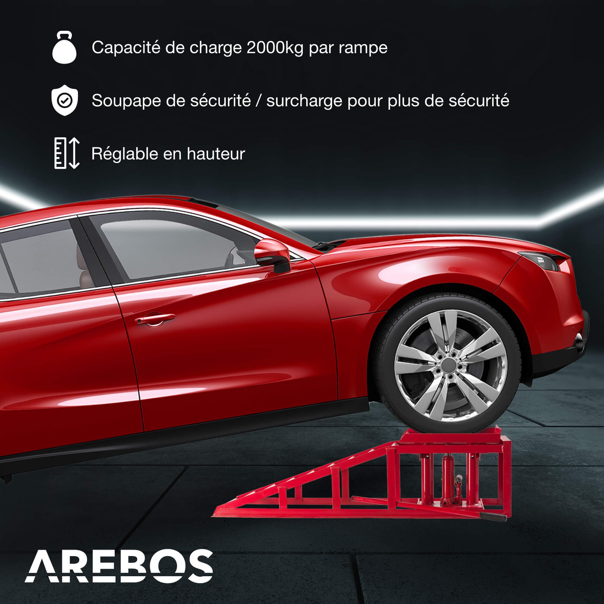 Arebos Lot de 2 Rampes d’Accès avec Cric Hydraulique 2T | Pont Élévateur Auto XXL | Largeur d’Accès 257 mm | Plateforme de Levage avec Soupape de Sécurité | Hauteur Réglable | Rouge