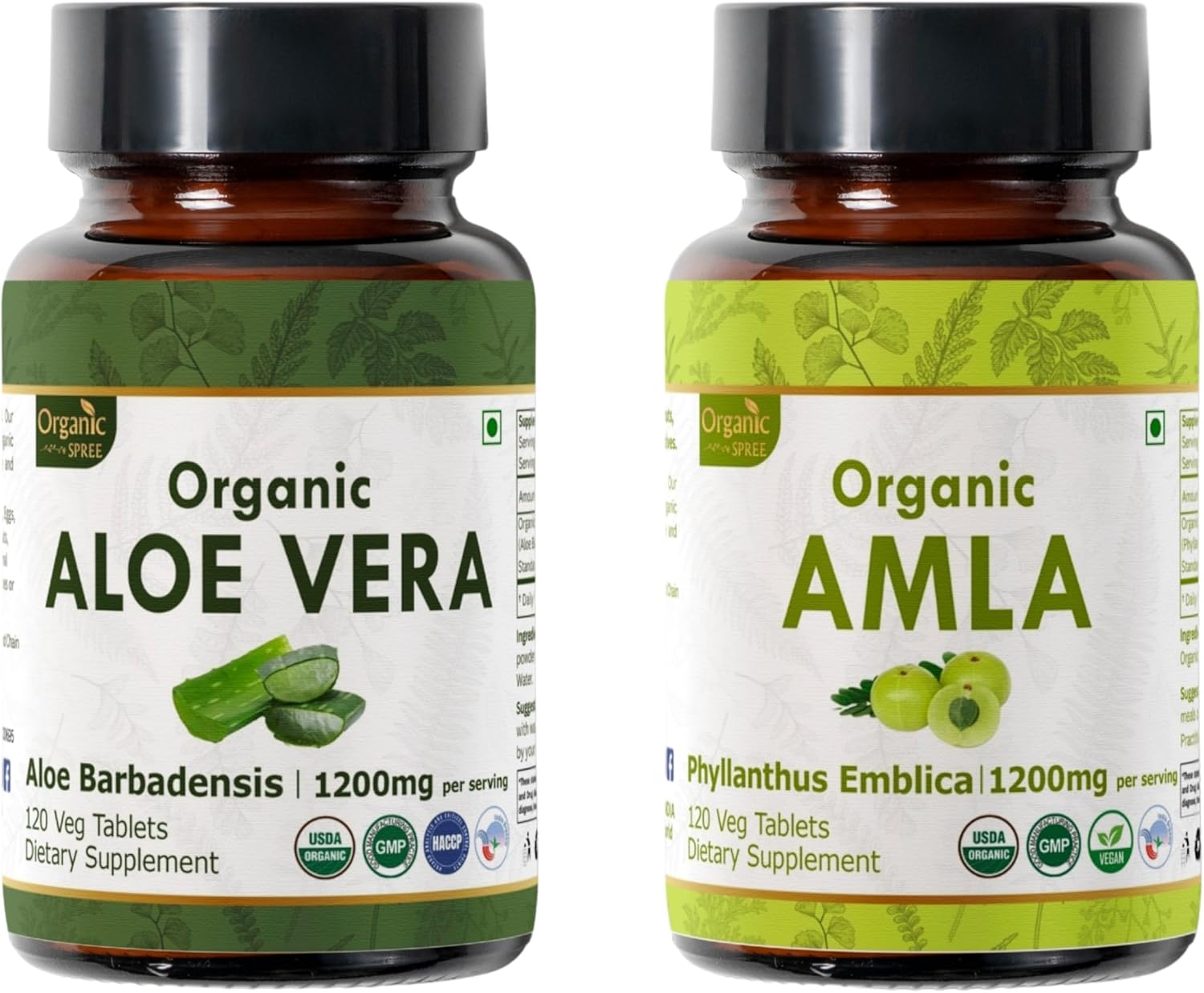 ORGANIC SPREE Aloe Vera & Amla Combo Pack- 2X120 Tablets – USDA Organic Aloe Barbadensis Supplement