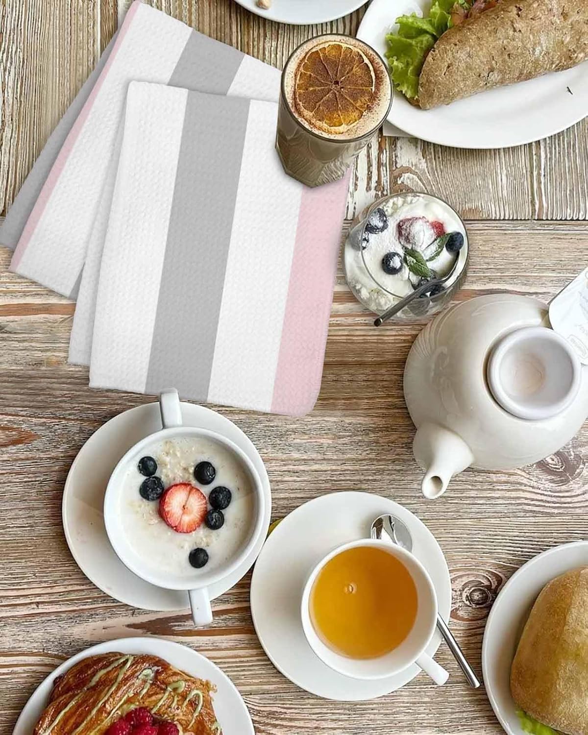 Pink Grey Striped Hand Towels Set,Waffle Weave Kitchen Towels 2 Pieces,Geometric Vertical Stripes Minimalist Microfiber Hair Face Bath Tea Towel Absorbent Drying Cleaning Dish Cloths,15.7"x23.6"