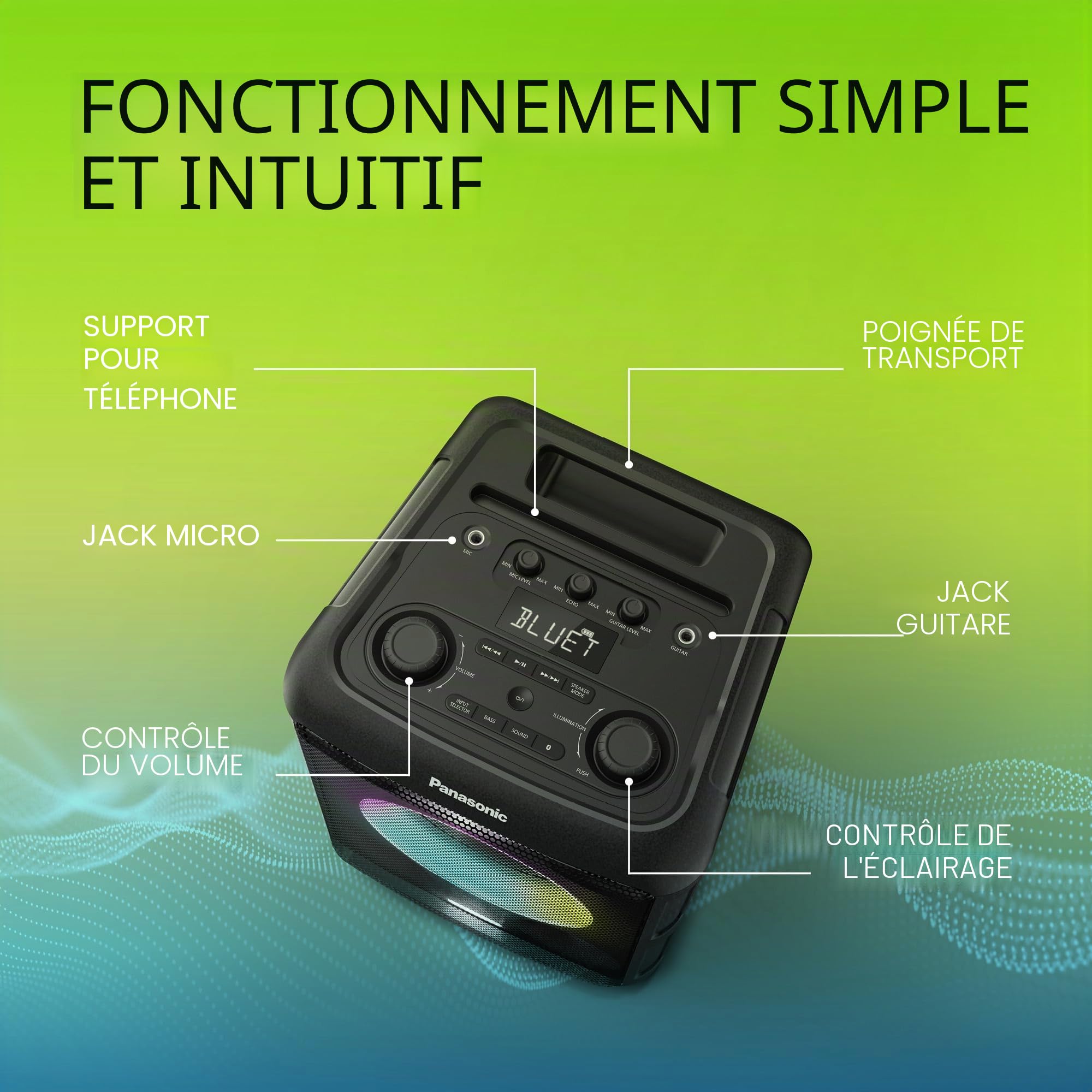 Panasonic SC-BMAX5E-K Enceinte Portable avec Bluetooth, Lumières Intégrées, 75W, USB, Entrée Optique pour TV, Entrées Guitare et Micro pour Karaoké, Noir