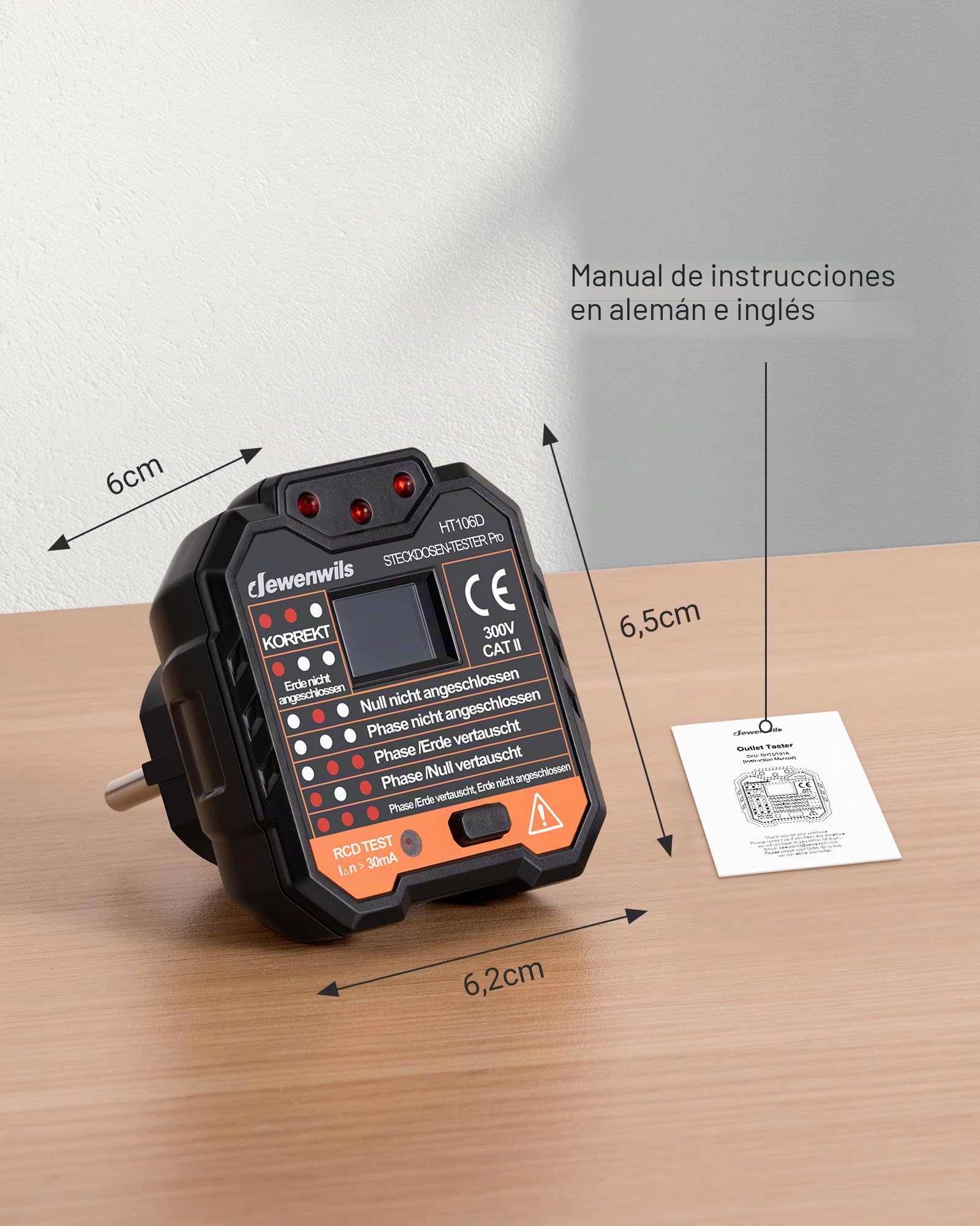 DEWENWILS Probador de Enchufes con Prueba RCD y Pantalla de Voltaje LCD, Pantalla de Luz Indicadora, Prueba FI, 48-250V/45-65Hz, CAT ll 300V