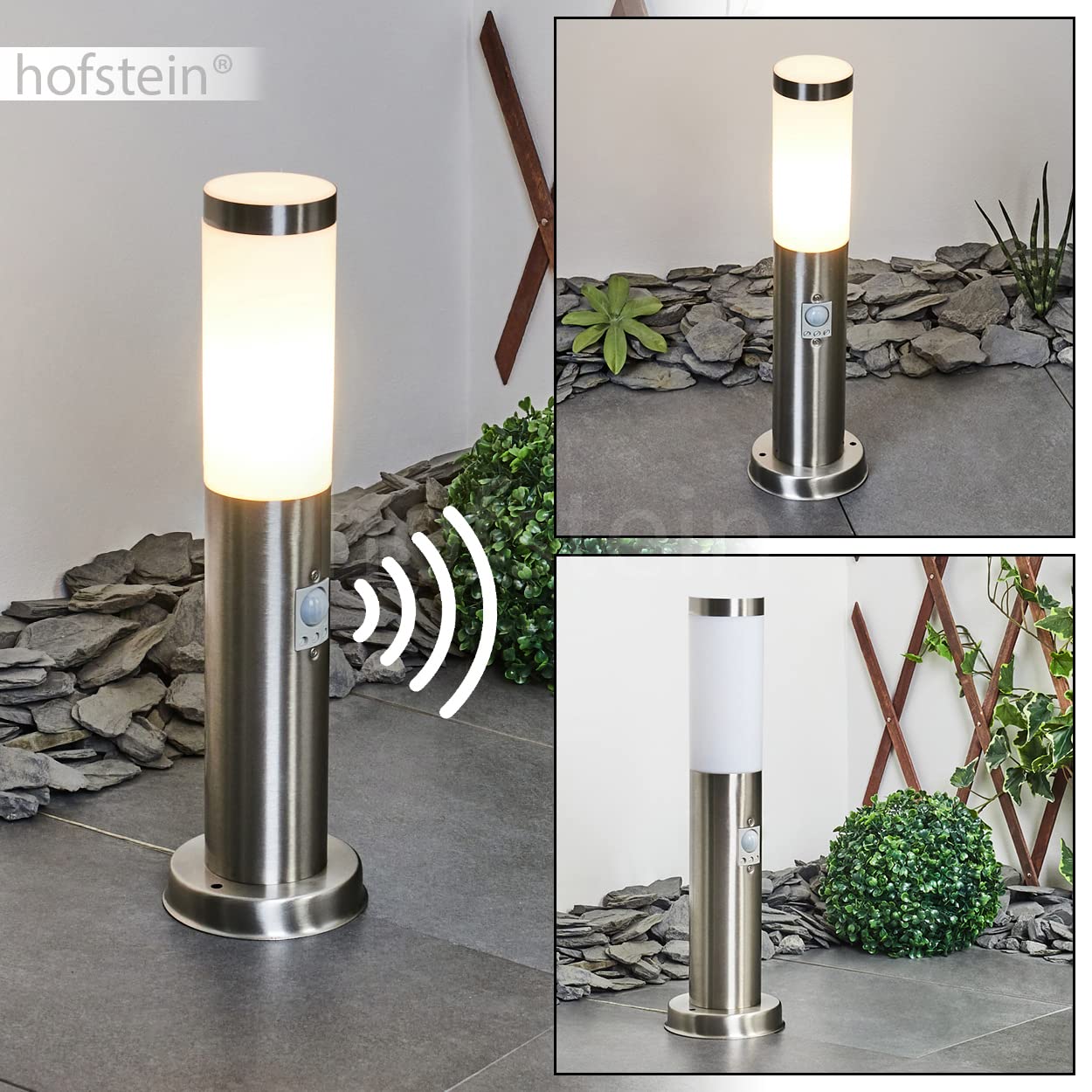 Zewnętrzna lampa na ścieżkę Sessa z czujnikiem ruchu, oprawa z metalu/tworzywa sztucznego w kolorze niklu matowego/białym, światło na ścieżkę 45,5cm, lampa ogrodowa w. E27, IP44, bez żarówki