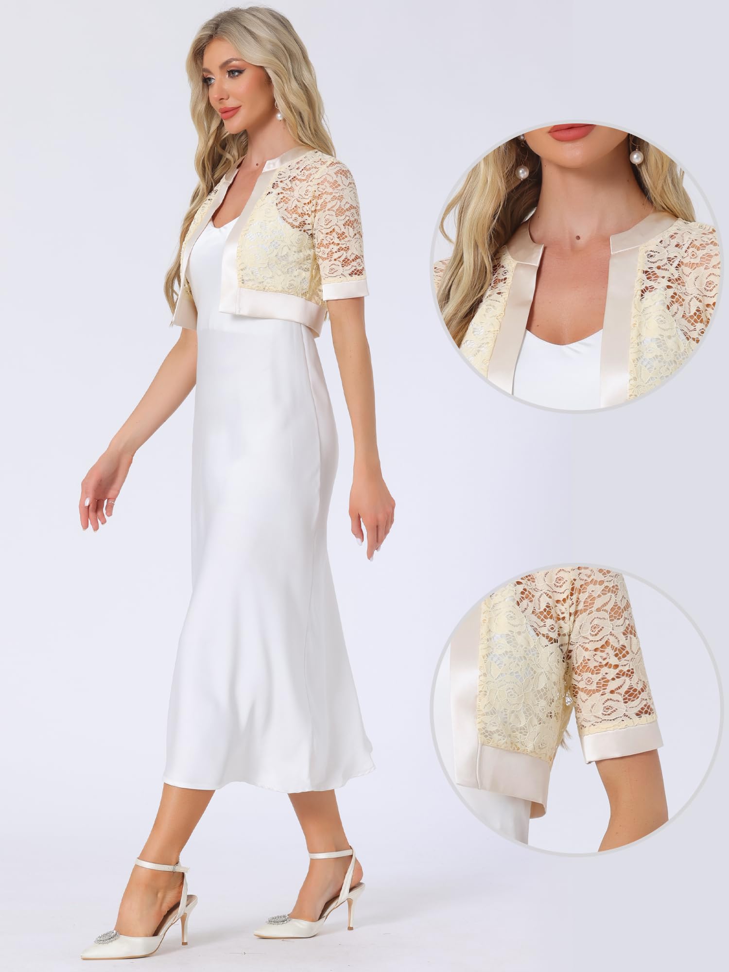 Allegra K Boléro en dentelle pour femme - Cardigan court en dentelle florale transparente | Boléro en satin Idéal pour un mariage, un cocktail, une église. Veste cardigan cache-maillot pour robes