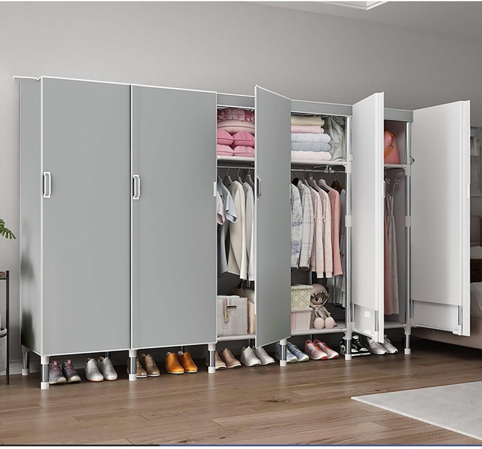 Płócienny organizer do szafy z metalowym stojakiem na ubrania, do sypialni, półek do przechowywania, wolnostojący system szafy z drążkiem do zawieszania (50 x 172 cm)