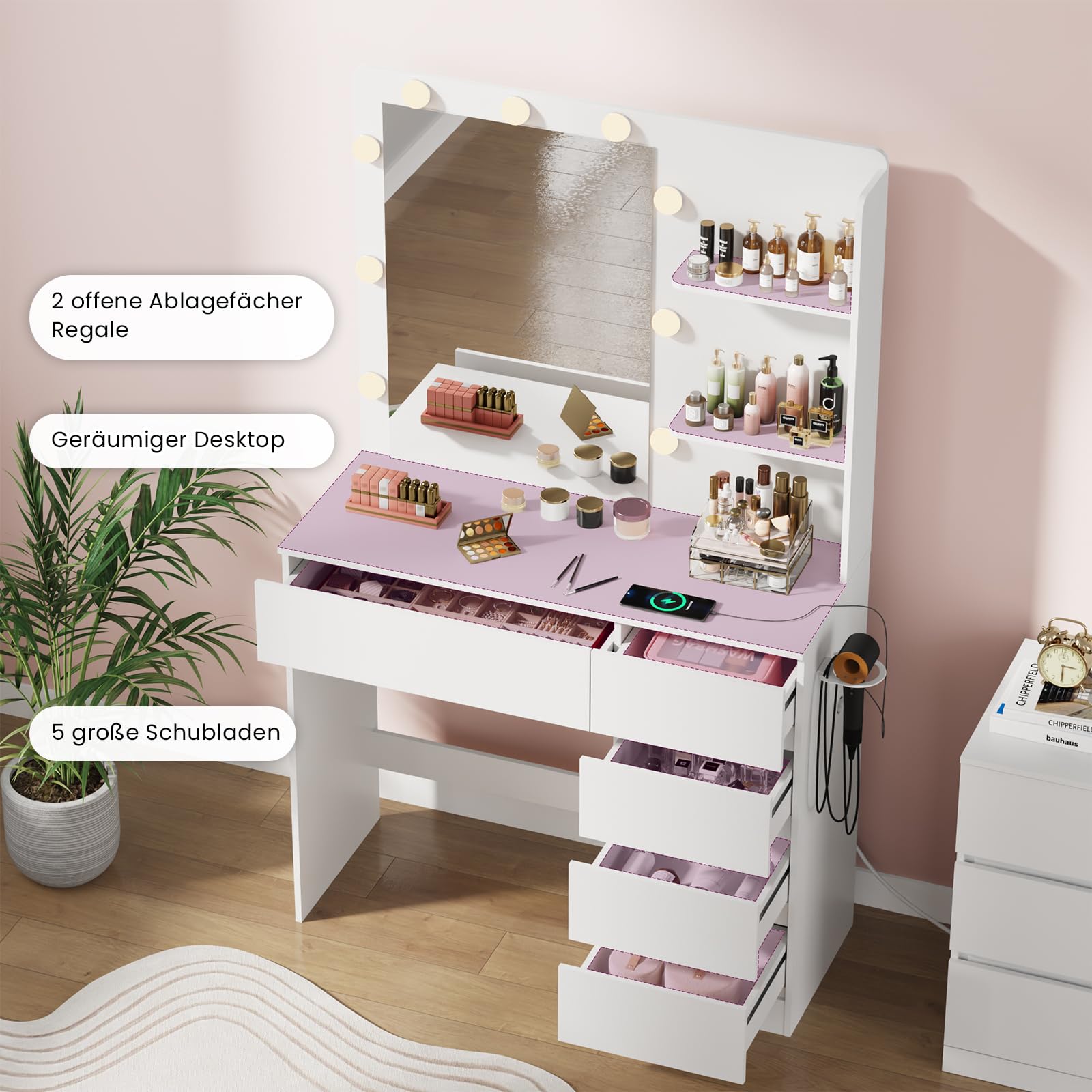 Asgolion Schminktisch mit Spiegel, LED-Beleuchtung und Steckdose, 5 Schubladen und 2 offenen Ablagen, 3 Farbmodi und Einstellbarer Helligkeit, weiß, EU25VT803W