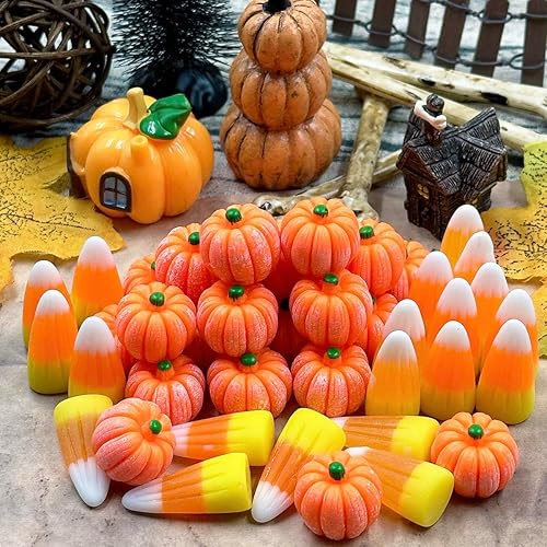 Miniatura 6 de Calabazas de resina falsas de maíz, 50 piezas de mini calabaza artificial de maíz 3D, diminutas calabazas de plástico, adornos para otoño,