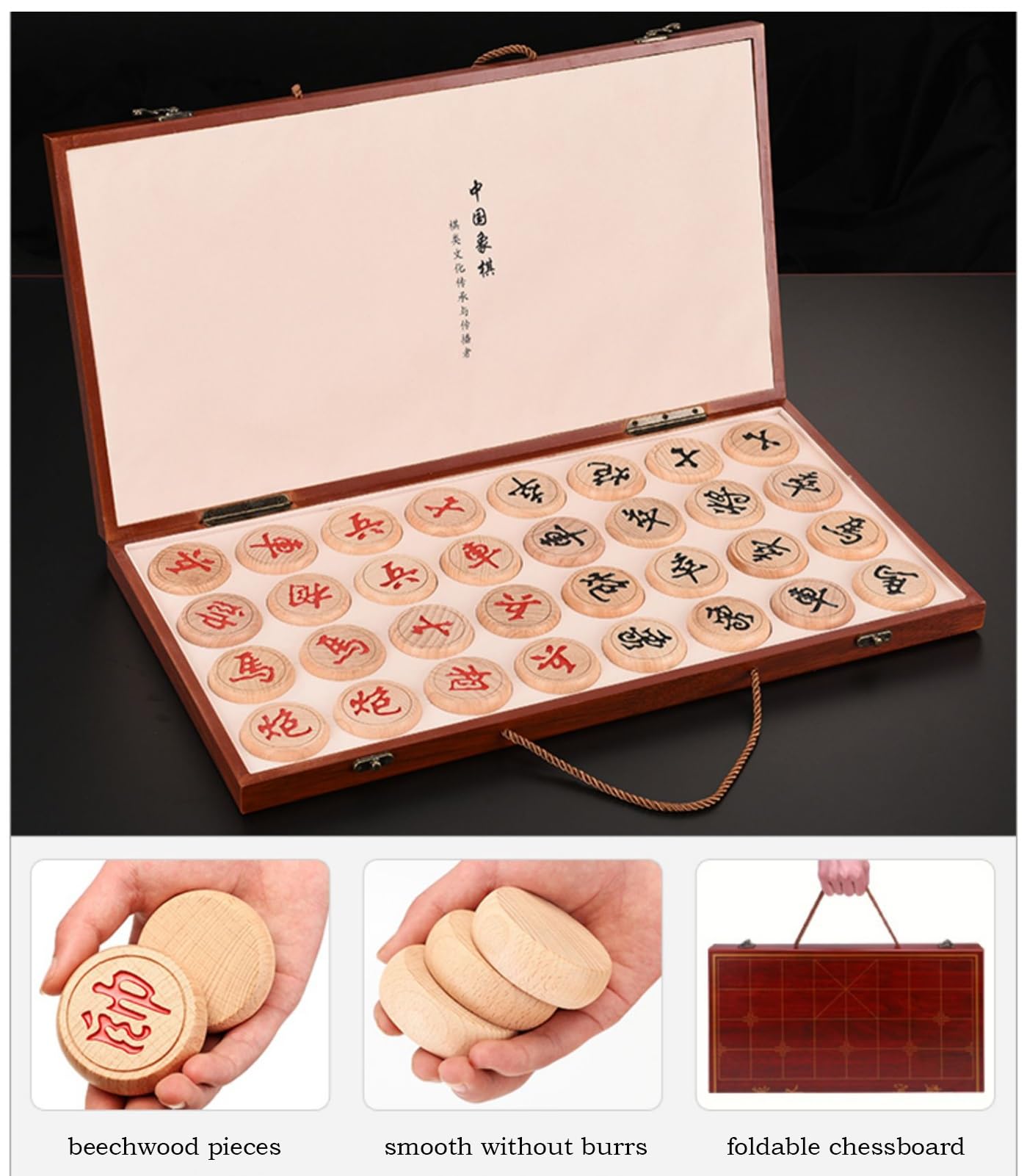 Juego de ajedrez Chino for 2 Jugadores, Xiangqi portátil con Tablero Plegable, Juego de Mesa de Estrategia(Beechwood,4.8cm/1.9in)