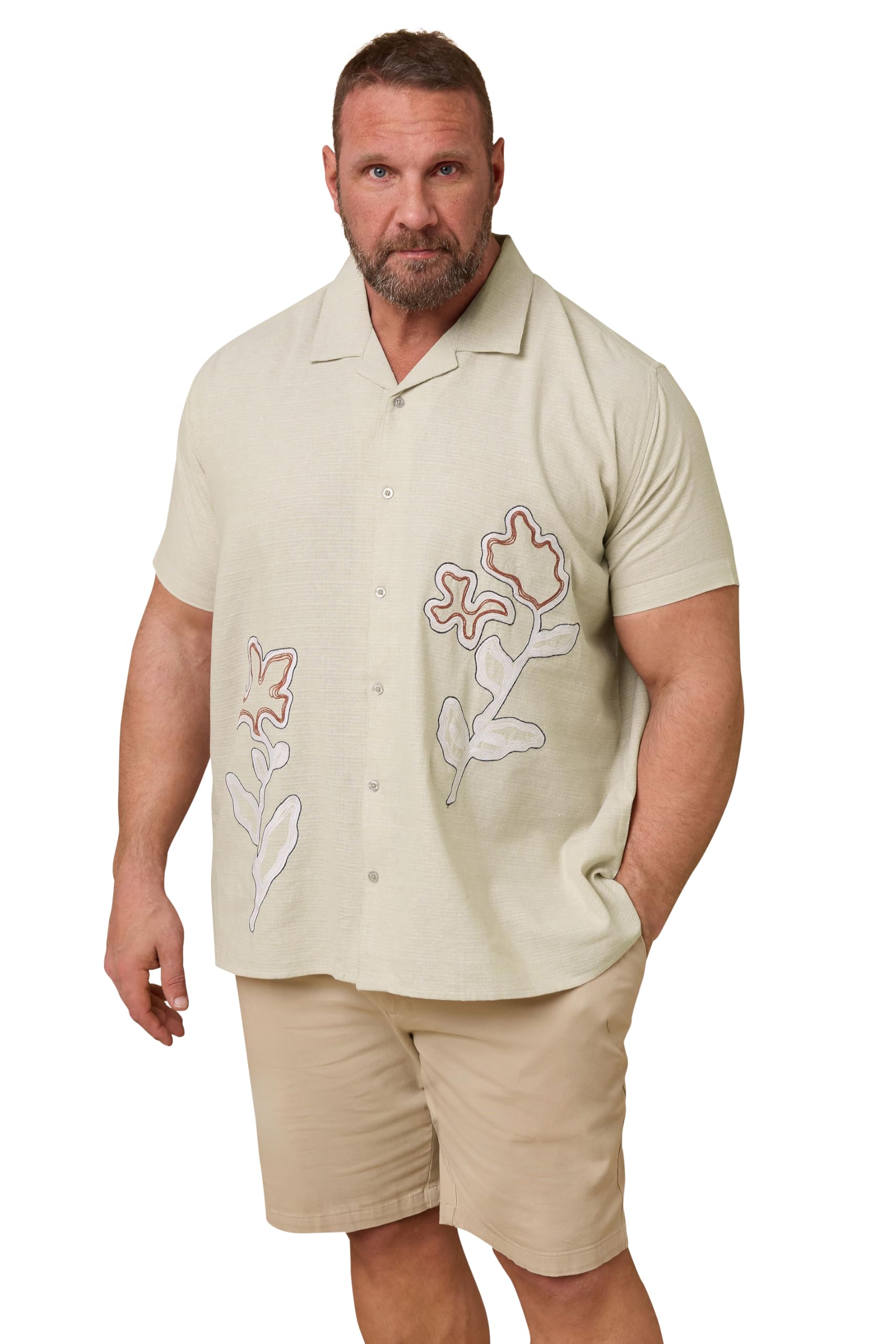Badrhino Men's Beige Big & Tall Brown Floral Embroidered Shirt - Plus Size Curve